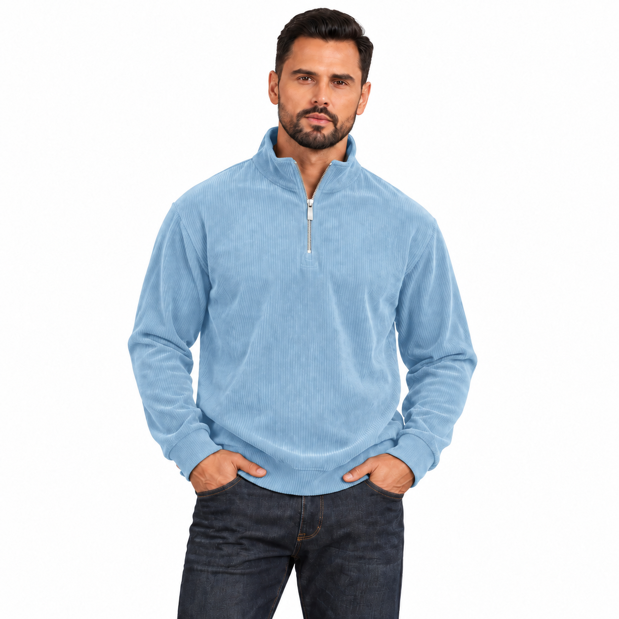 Men's Blue corduroy quarter-zip pullover worn by an adult model on white