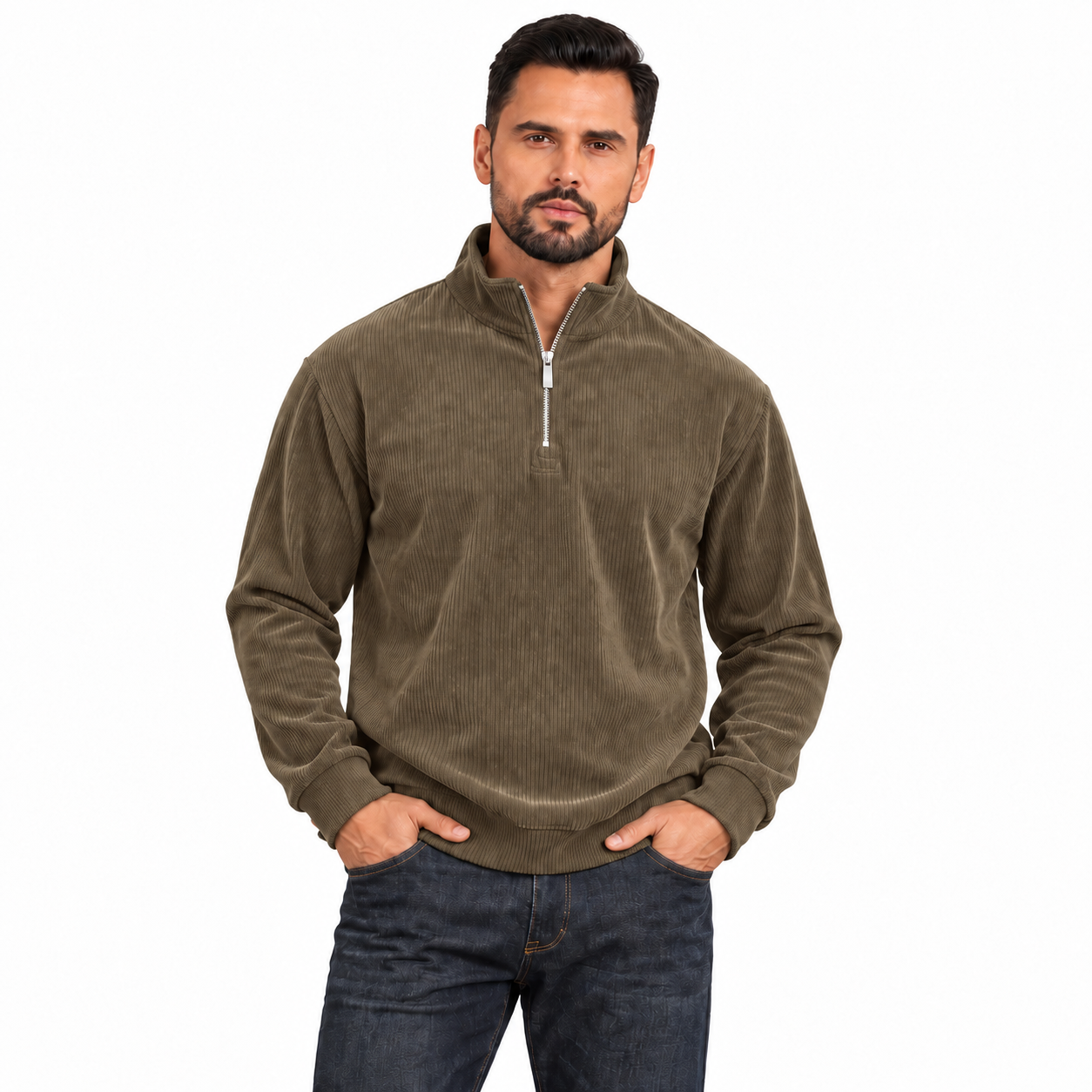 Men's Khaki corduroy quarter-zip pullover worn by an adult model on white