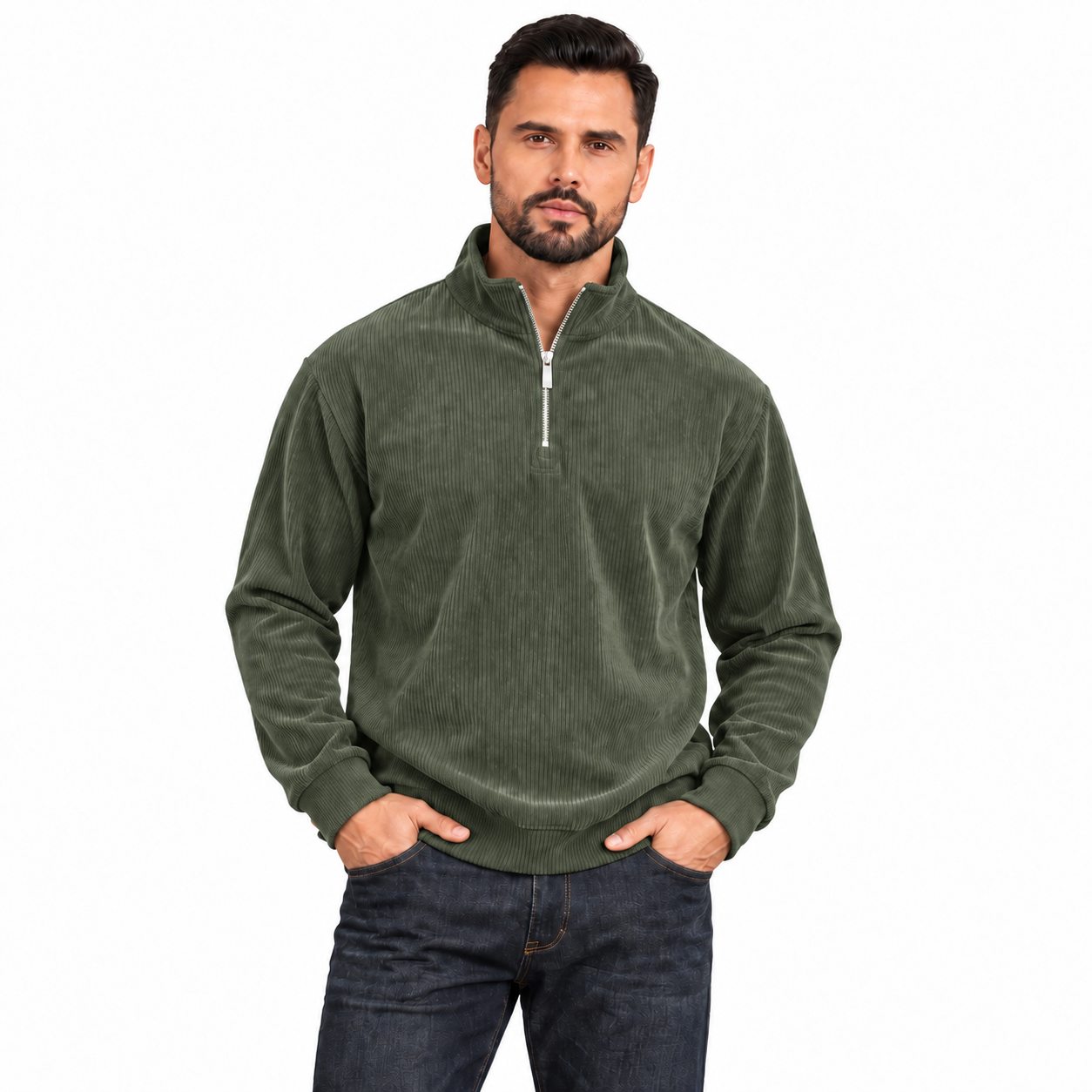 Men's Army Green corduroy quarter-zip pullover worn by an adult model on white