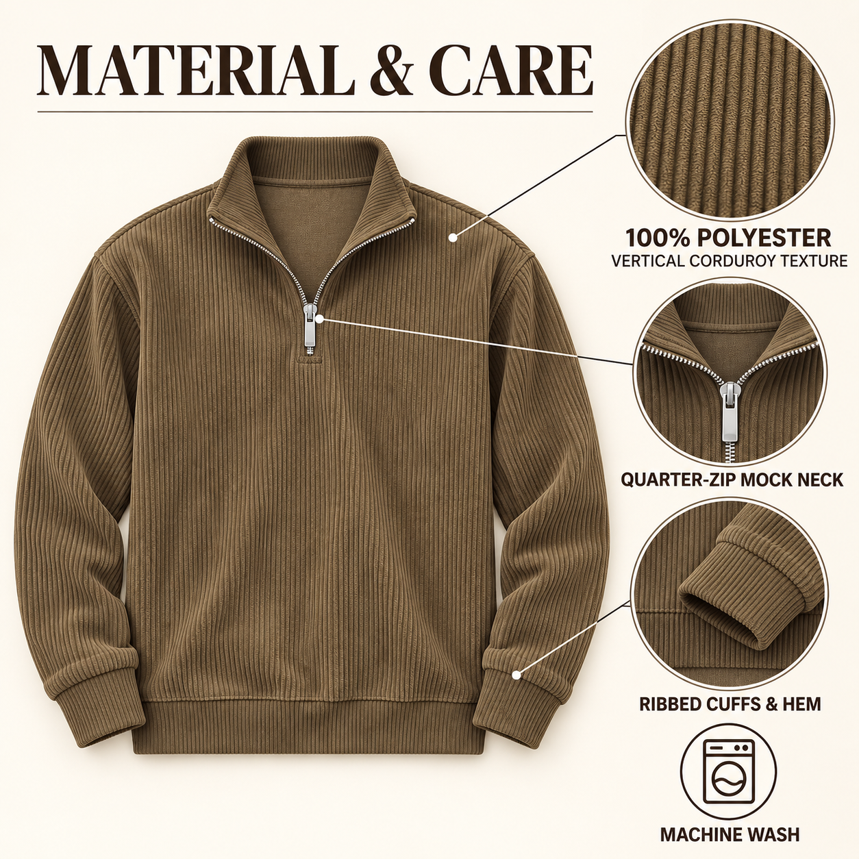 100% polyester corduroy texture, quarter-zip collar, ribbed finishes and machine-wash care