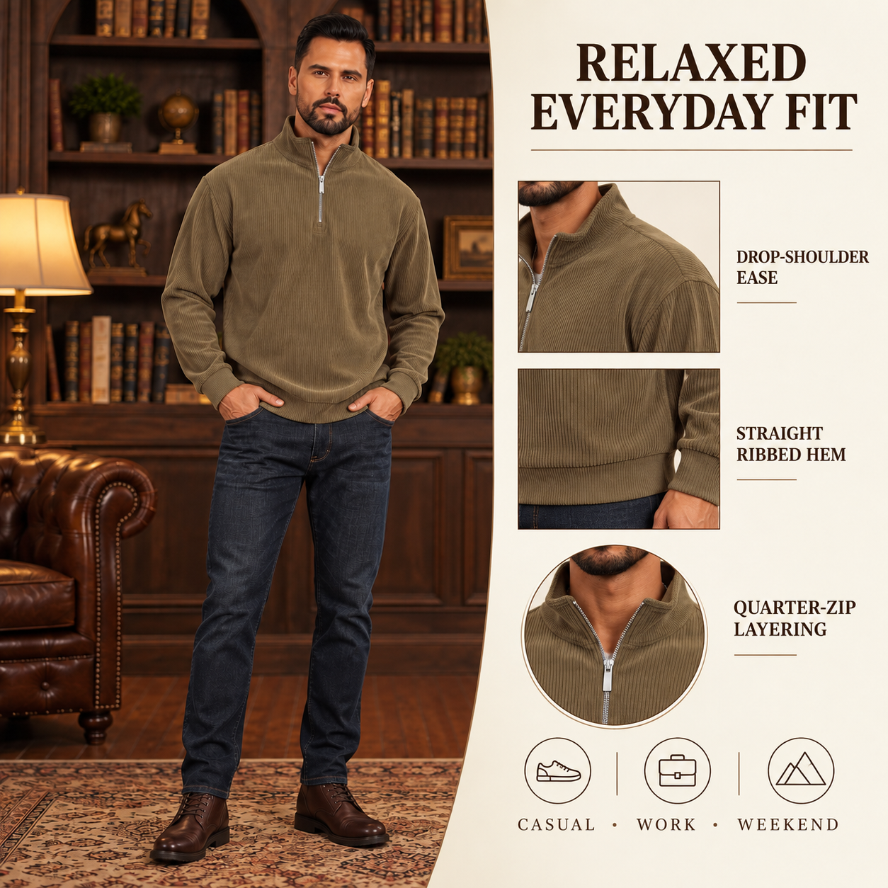 Relaxed everyday fit and styling details of the men's quarter-zip pullover