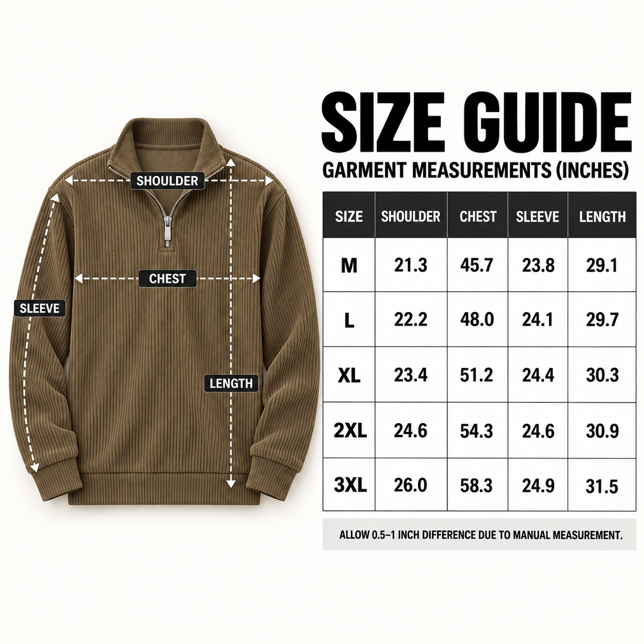 Men's corduroy quarter-zip pullover garment measurements in sizes M through 3XL