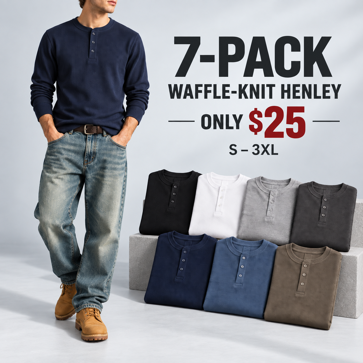 Men's waffle-knit Henley 7-color pack for $25