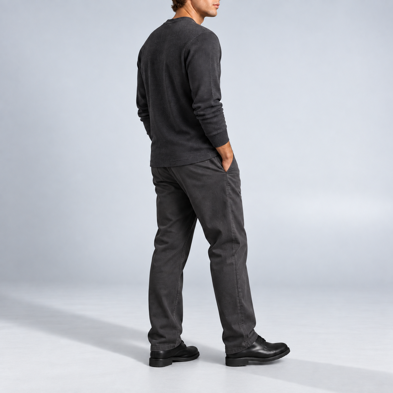 Dark Grey men's waffle-knit Henley side and back view