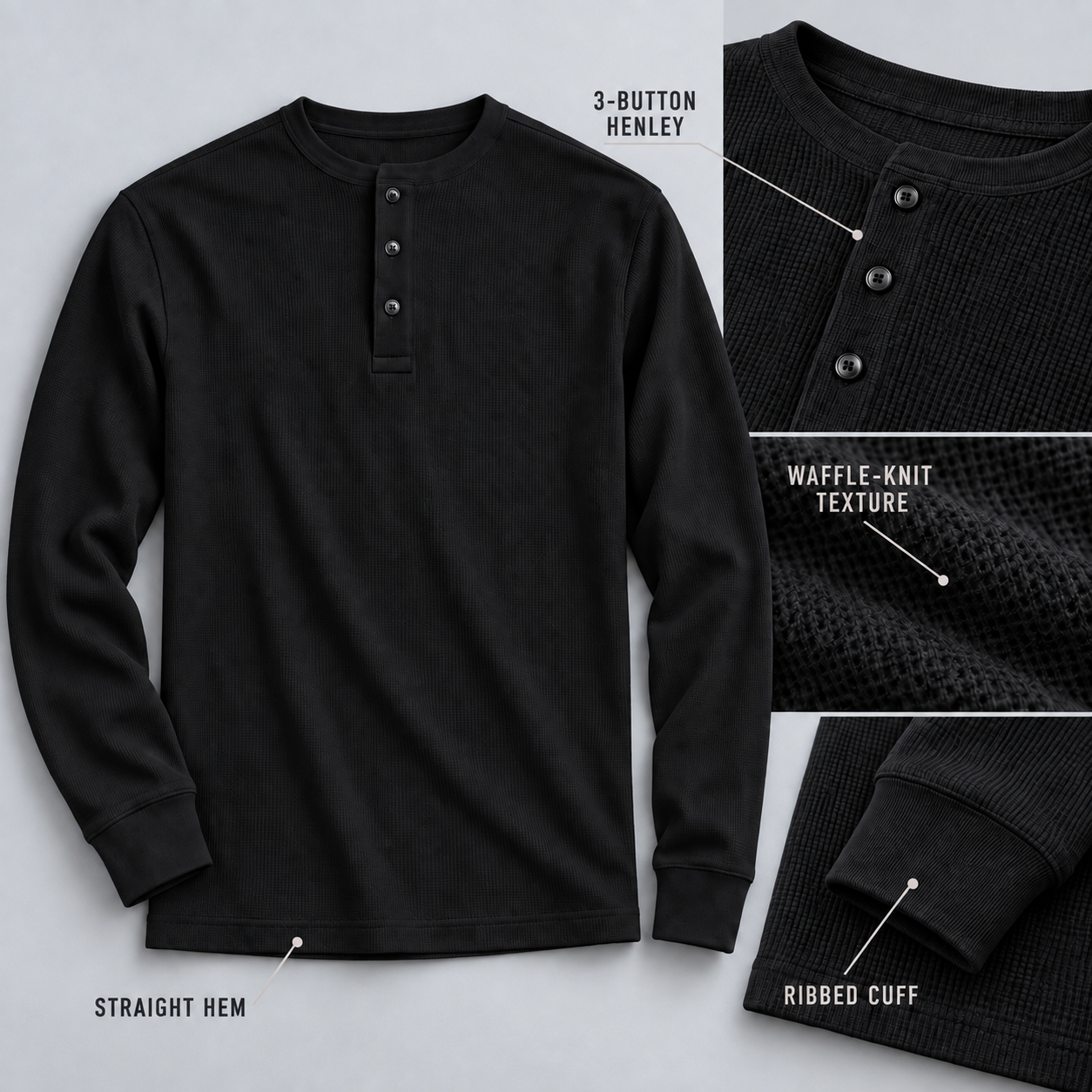 Men's waffle-knit Henley construction details