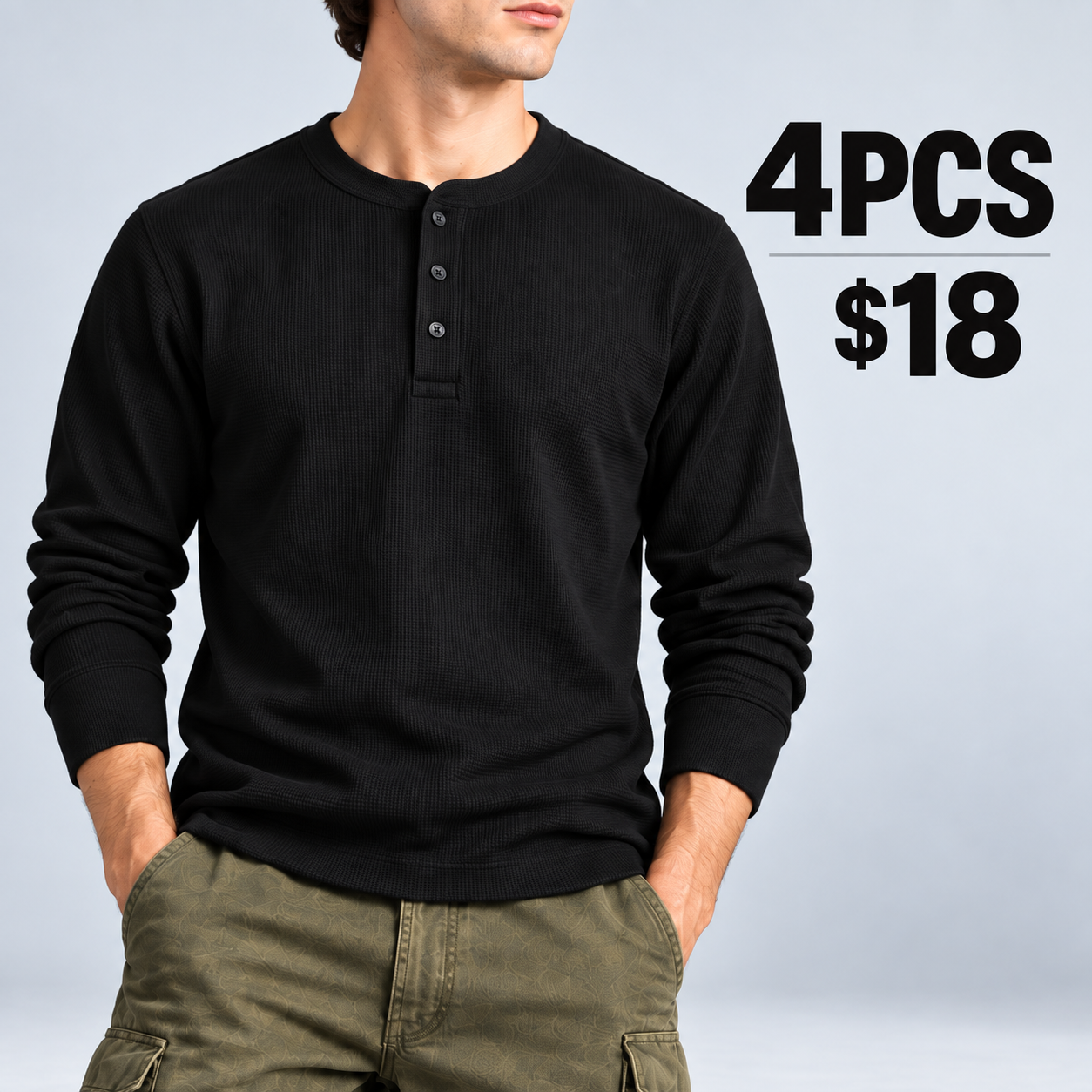 Black men's waffle-knit Henley 4PCS for $18