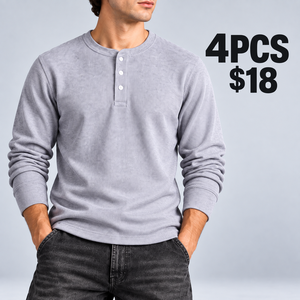 Light Grey men's waffle-knit Henley 4PCS for $18
