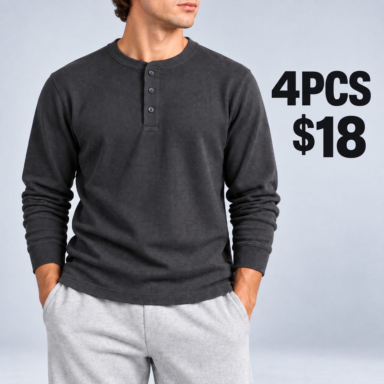 Dark Grey men's waffle-knit Henley 4PCS for $18