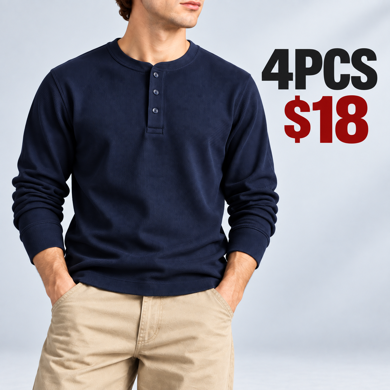 Navy men's waffle-knit Henley 4PCS for $18