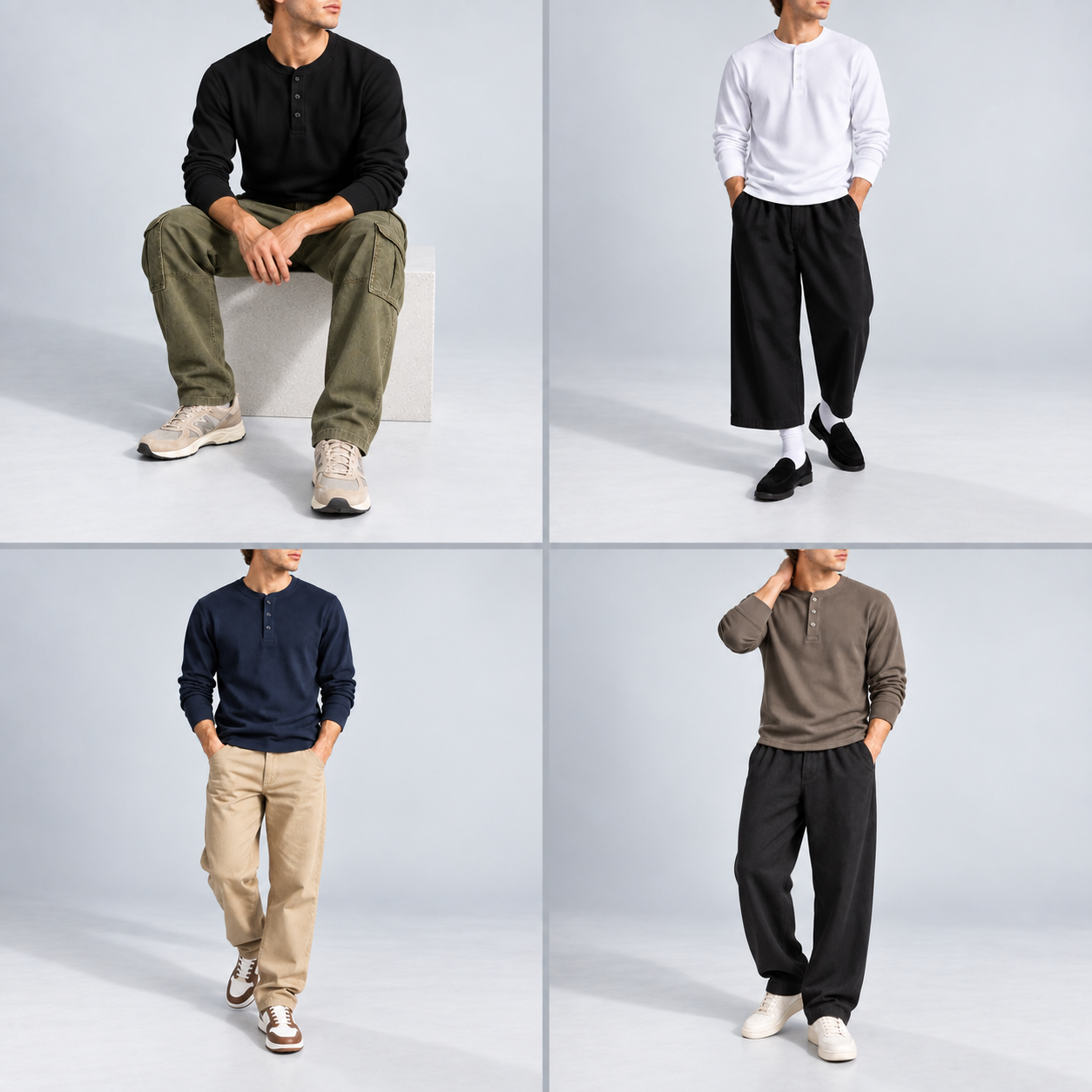 Four contemporary styling scenes for men's waffle-knit Henley shirts