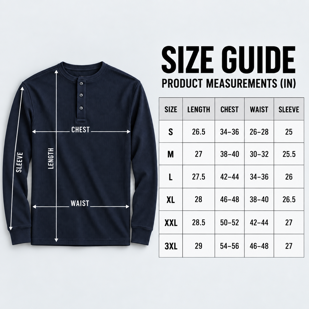 Men's waffle-knit Henley size guide S through 3XL