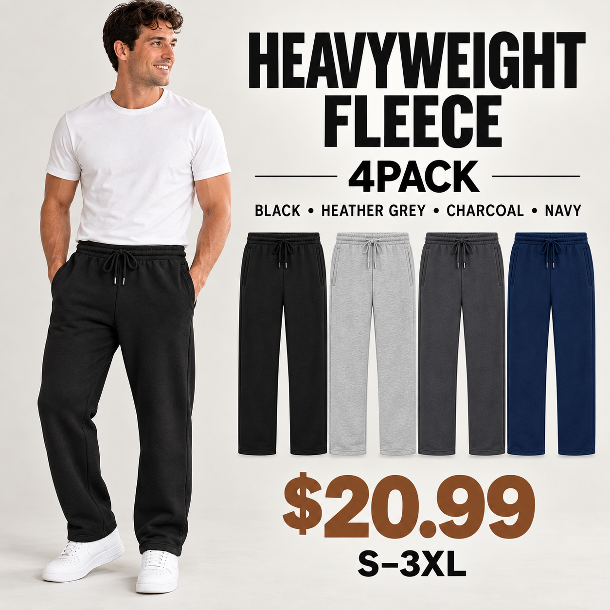 Men's heavyweight fleece open-bottom sweatpants 4PACK A in black, heather grey, charcoal and navy