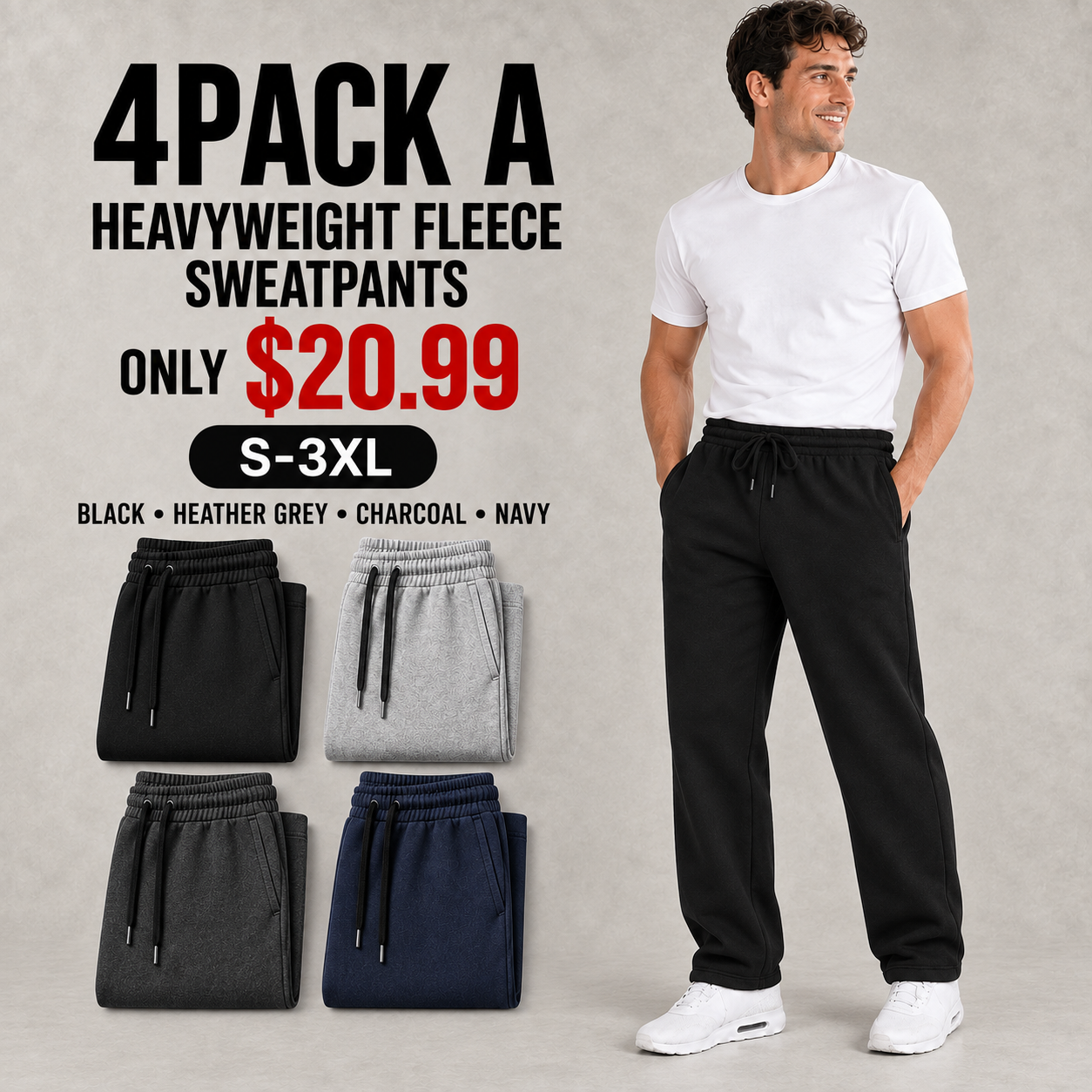 4PACK A sweatpants in black, heather grey, charcoal and navy for 20.99