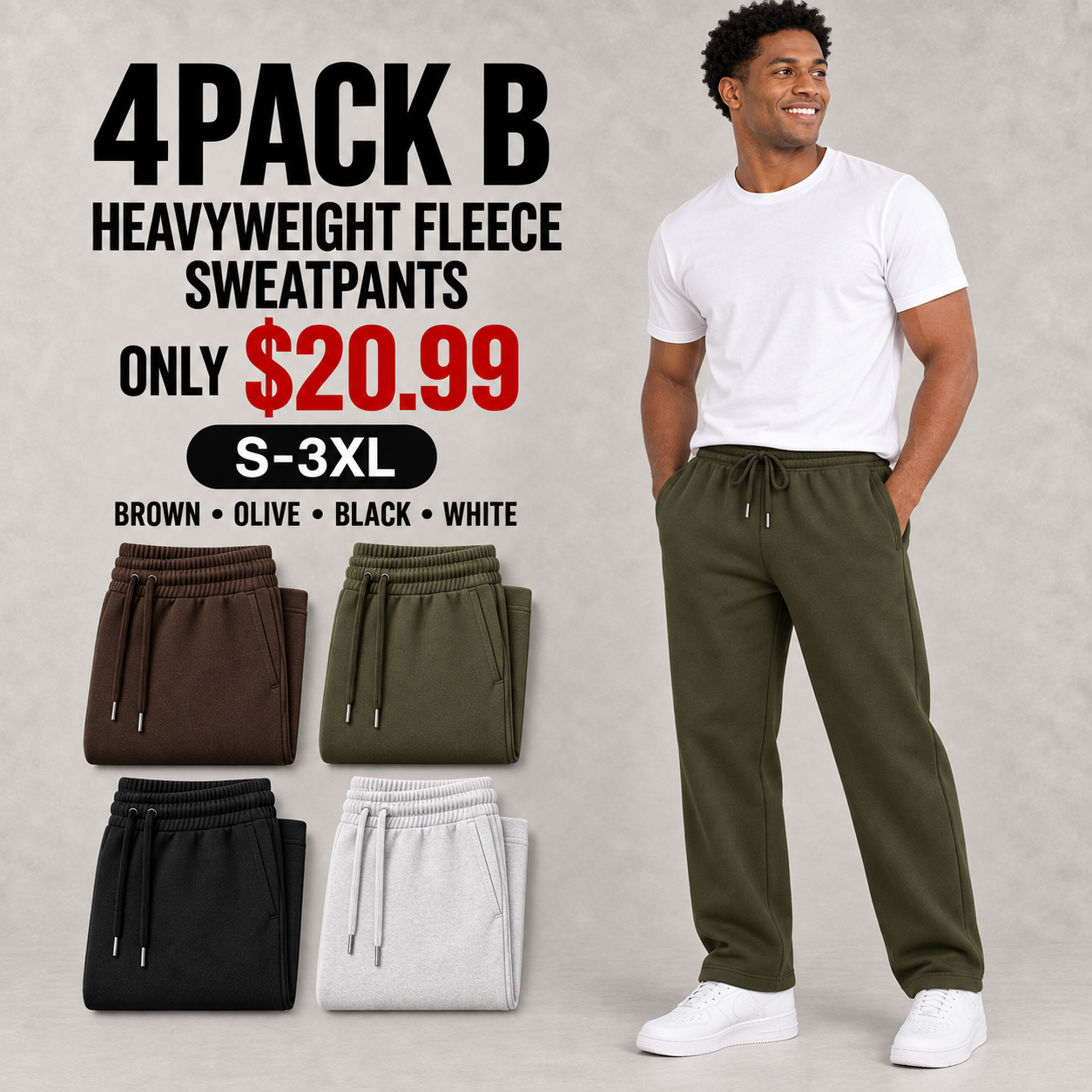 4PACK B sweatpants in brown, olive, black and white for 20.99