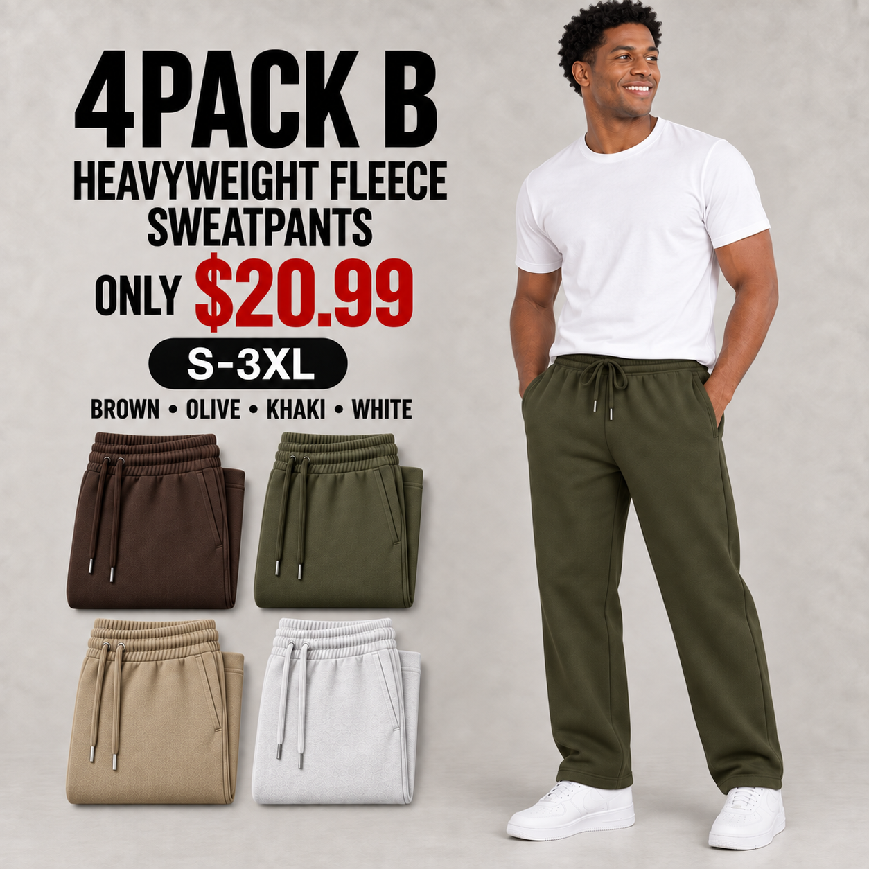 4PACK B sweatpants in brown, olive, khaki and white for 20.99