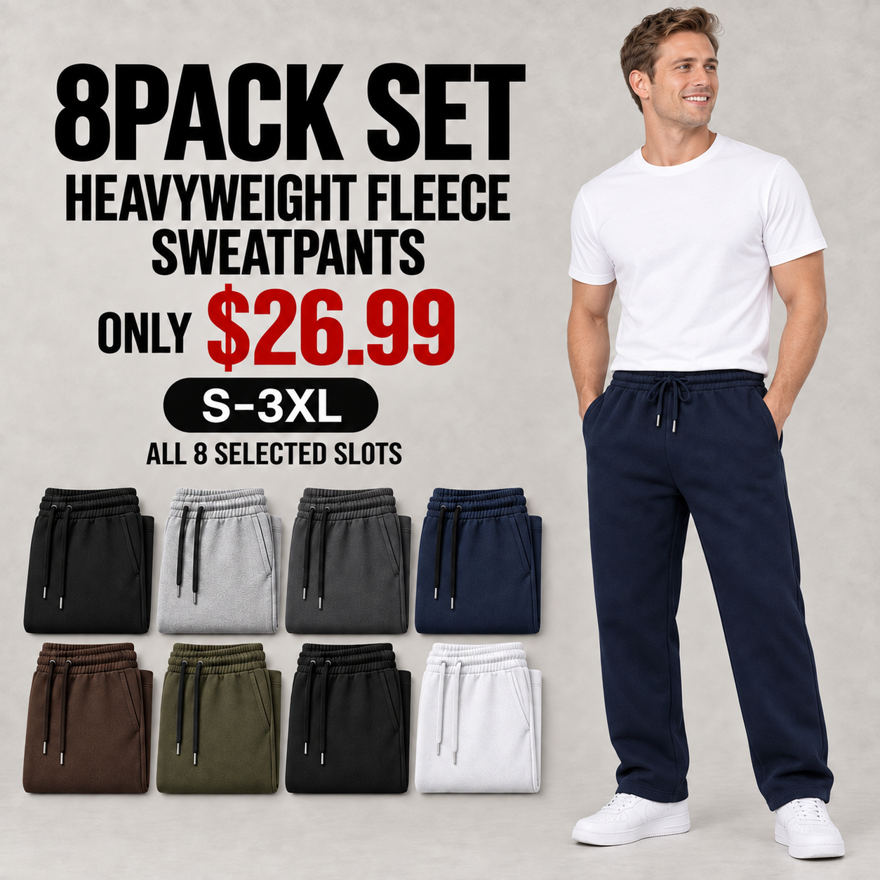 8PACK sweatpants with all eight selected color slots for 26.99