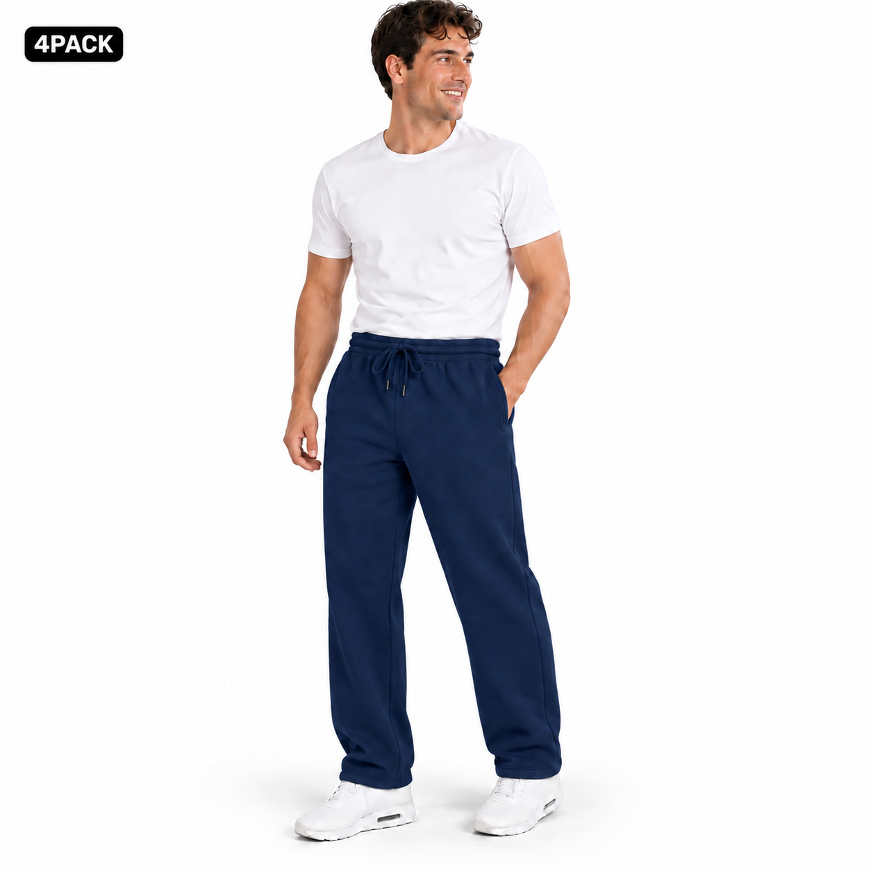 Navy 4PACK heavyweight fleece open-bottom sweatpants on male model