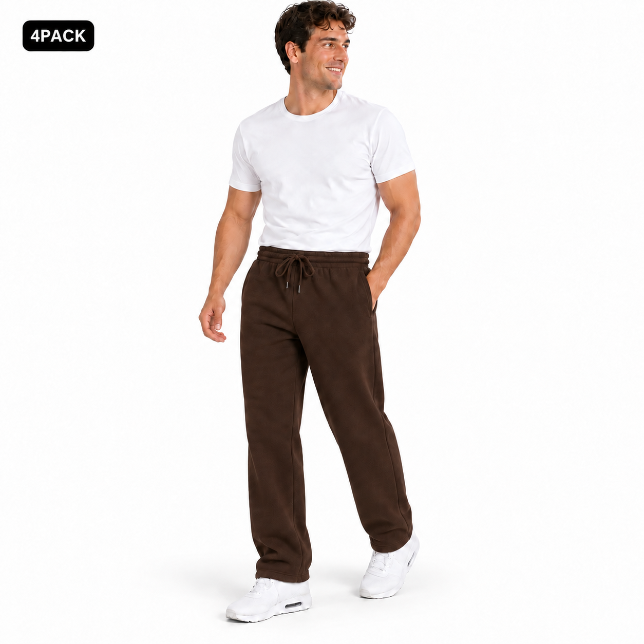 Brown 4PACK heavyweight fleece open-bottom sweatpants on male model