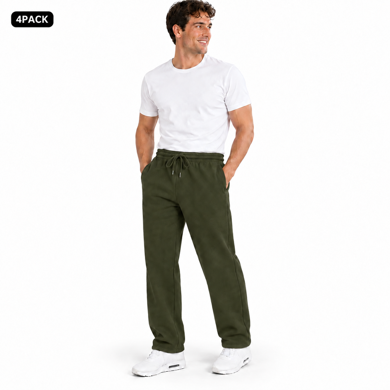 Olive 4PACK heavyweight fleece open-bottom sweatpants on male model