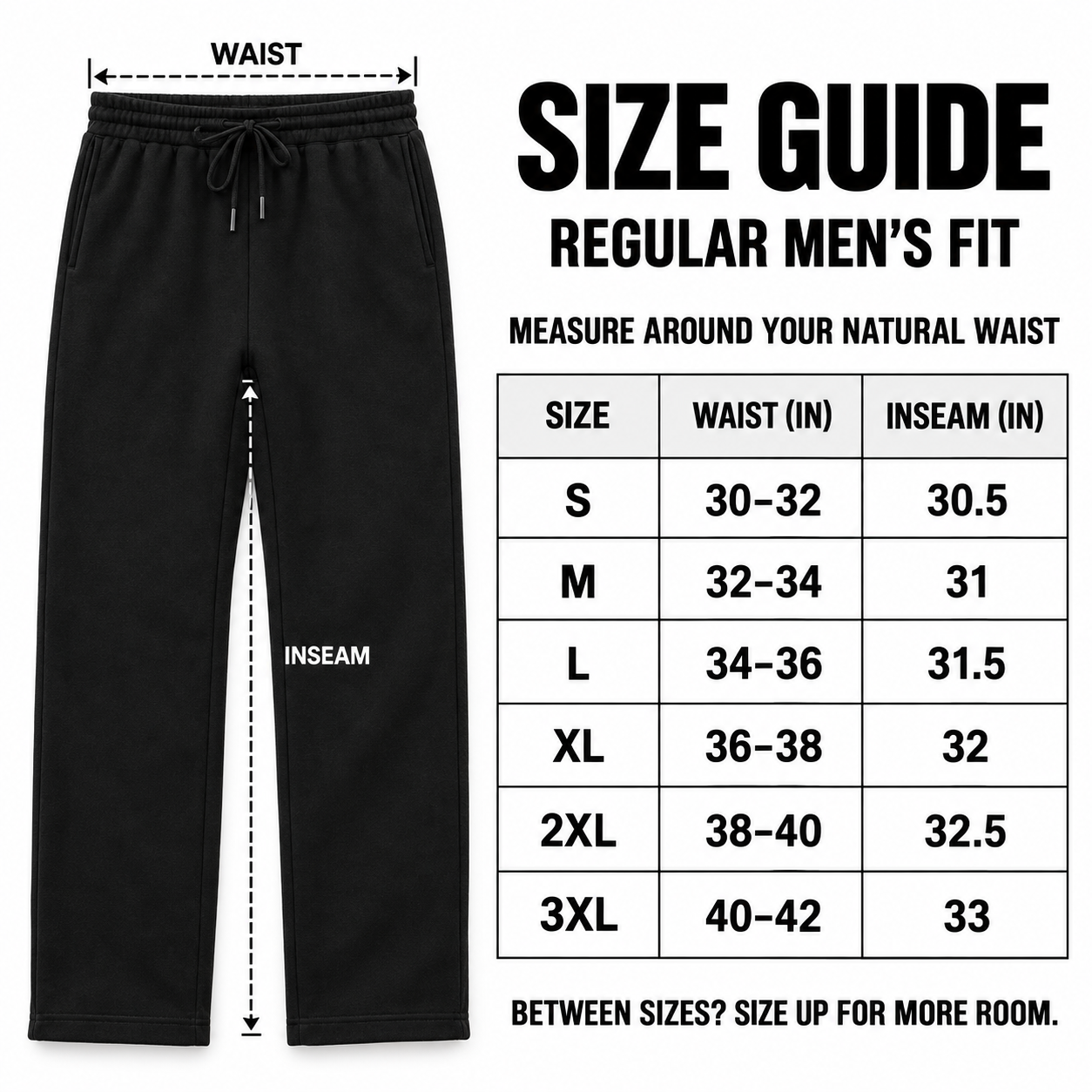 Men's regular-fit sweatpants size guide from S to 3XL