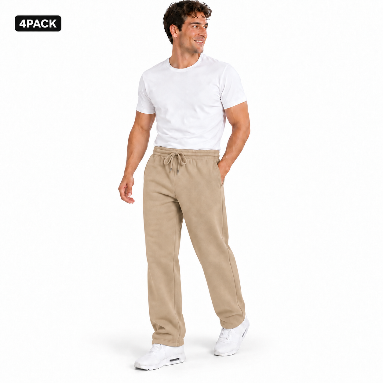 Khaki 4PACK heavyweight fleece open-bottom sweatpants on male model