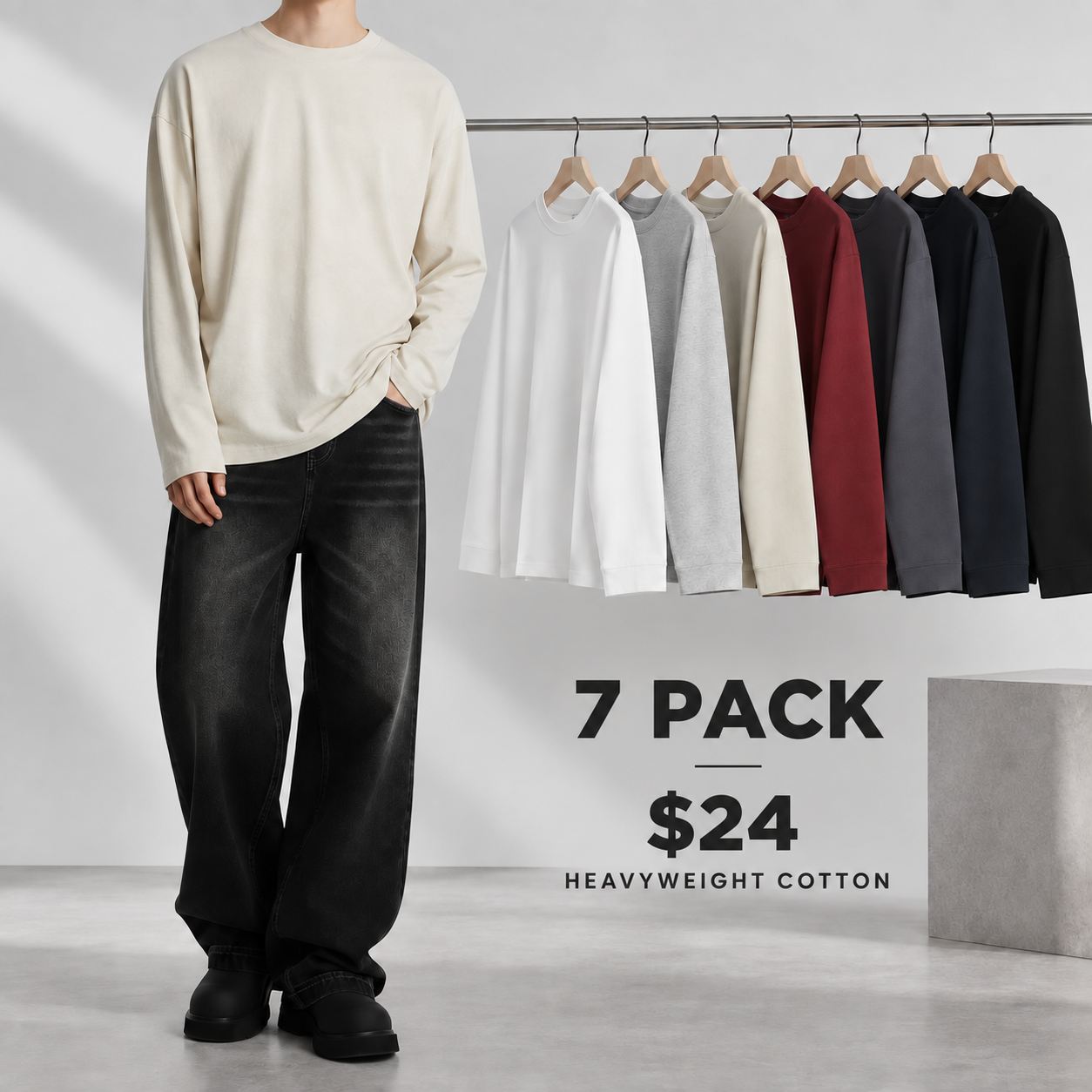Unisex heavyweight cotton long-sleeve T-shirt 7-color pack for $24
