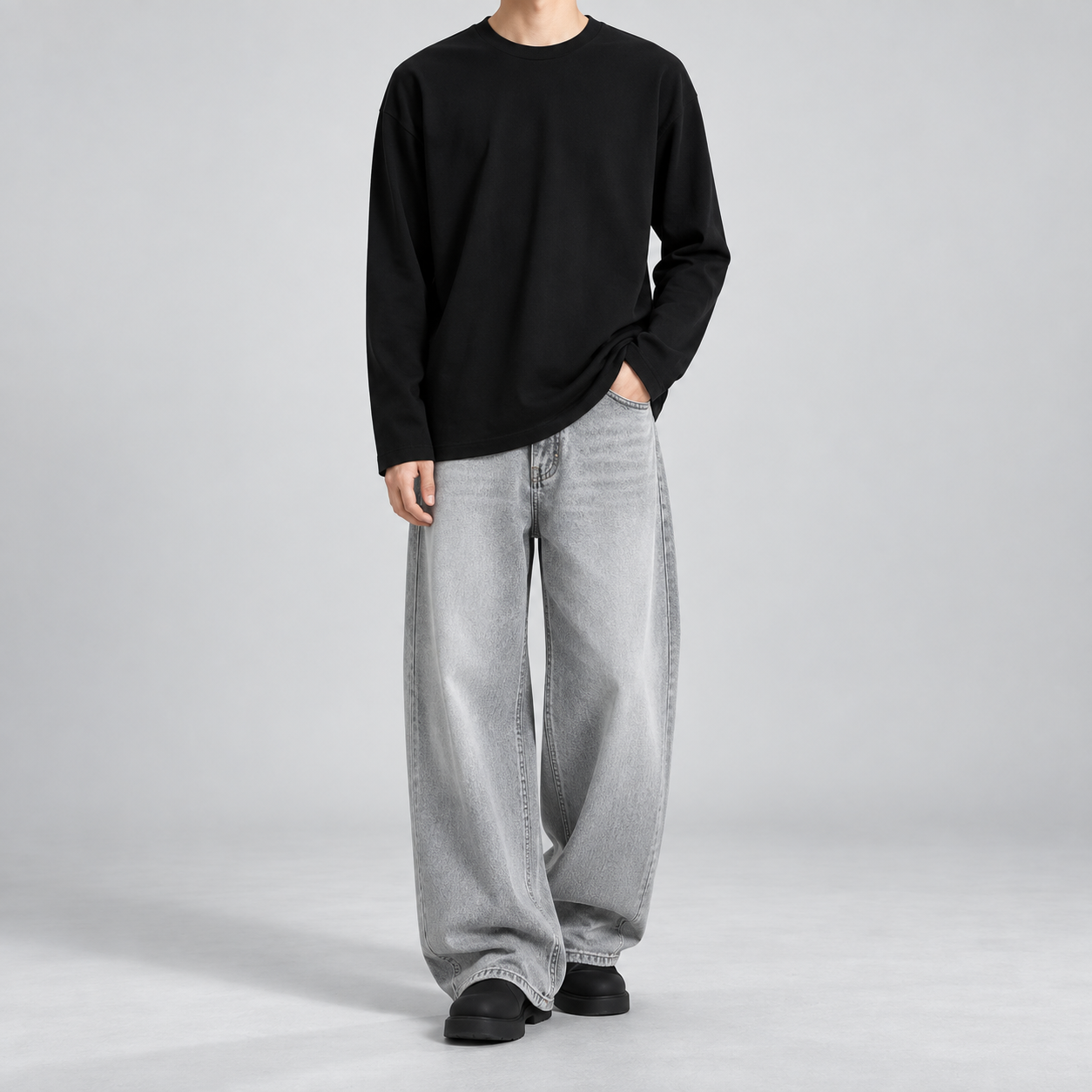 Black unisex heavyweight cotton long-sleeve T-shirt front view