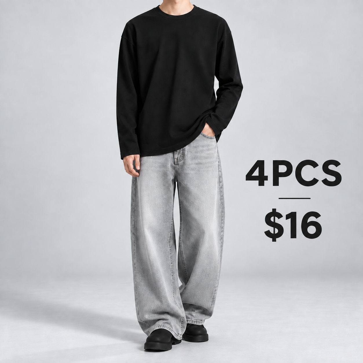 Black heavyweight cotton long-sleeve T-shirt 4PCS for $16