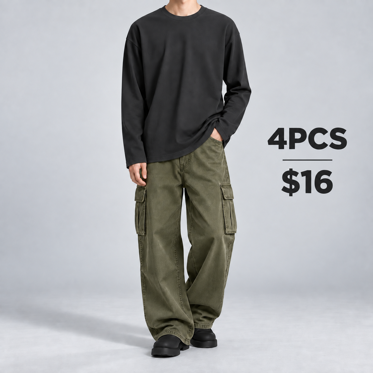 Dark Grey heavyweight cotton long-sleeve T-shirt 4PCS for $16
