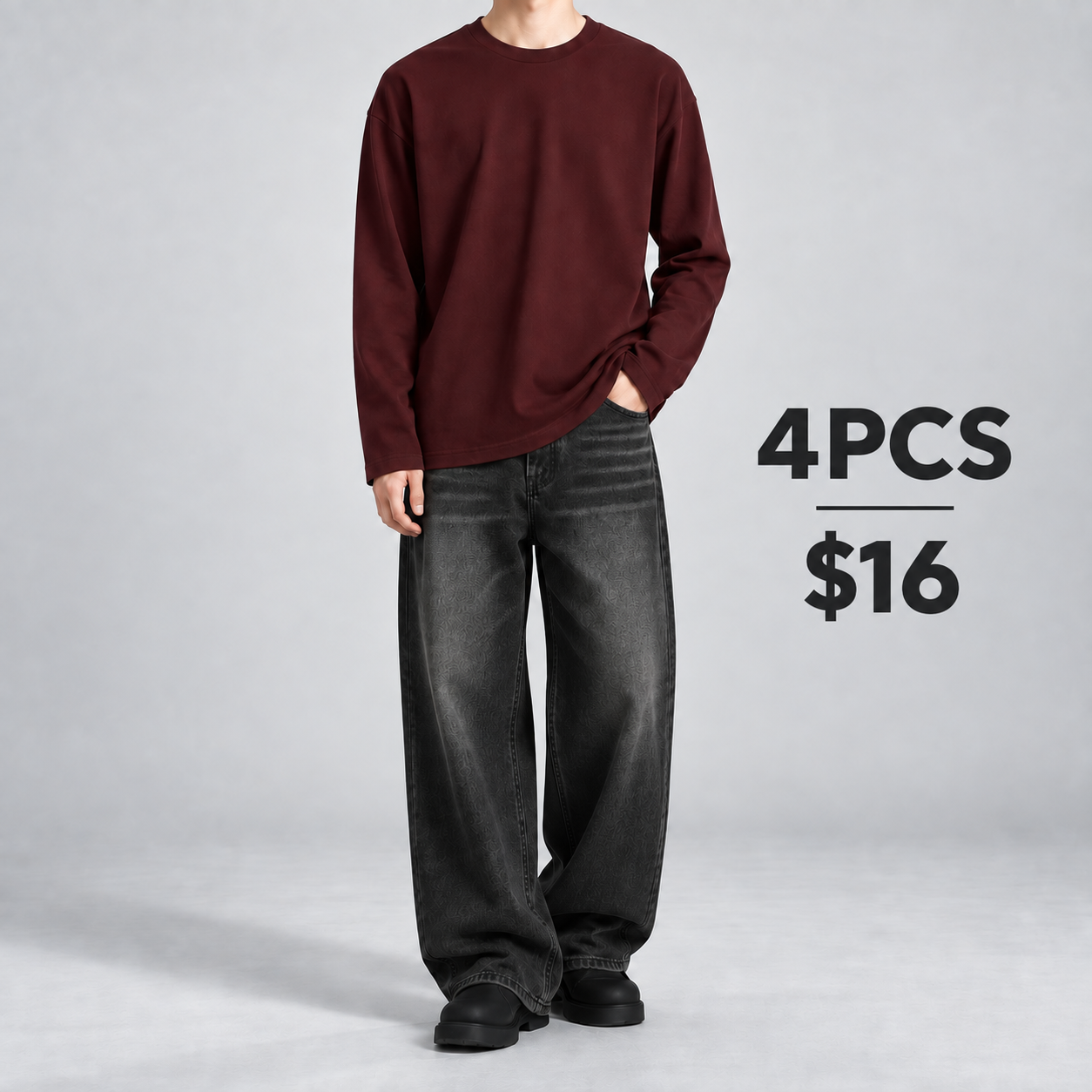 Red heavyweight cotton long-sleeve T-shirt 4PCS for $16