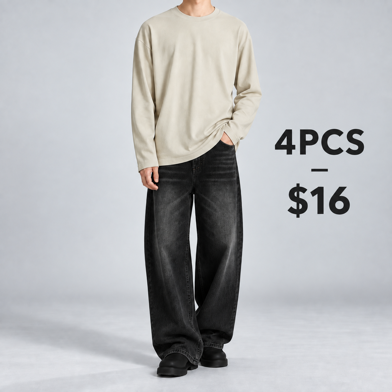 Khaki heavyweight cotton long-sleeve T-shirt 4PCS for $16