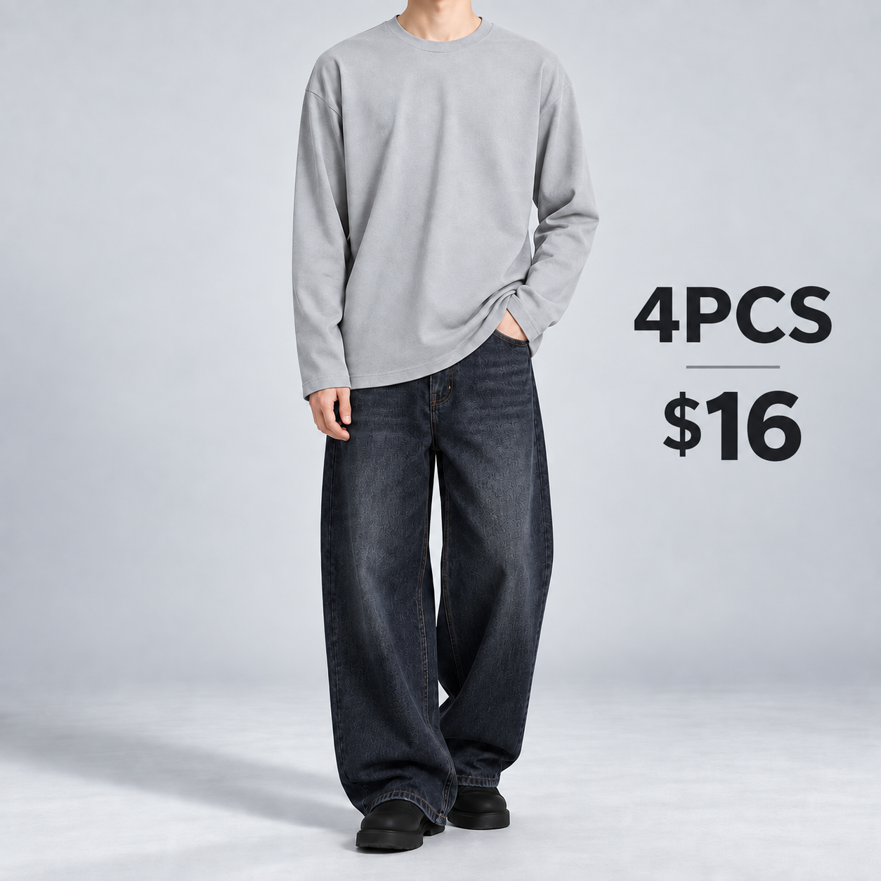 Grey heavyweight cotton long-sleeve T-shirt 4PCS for $16