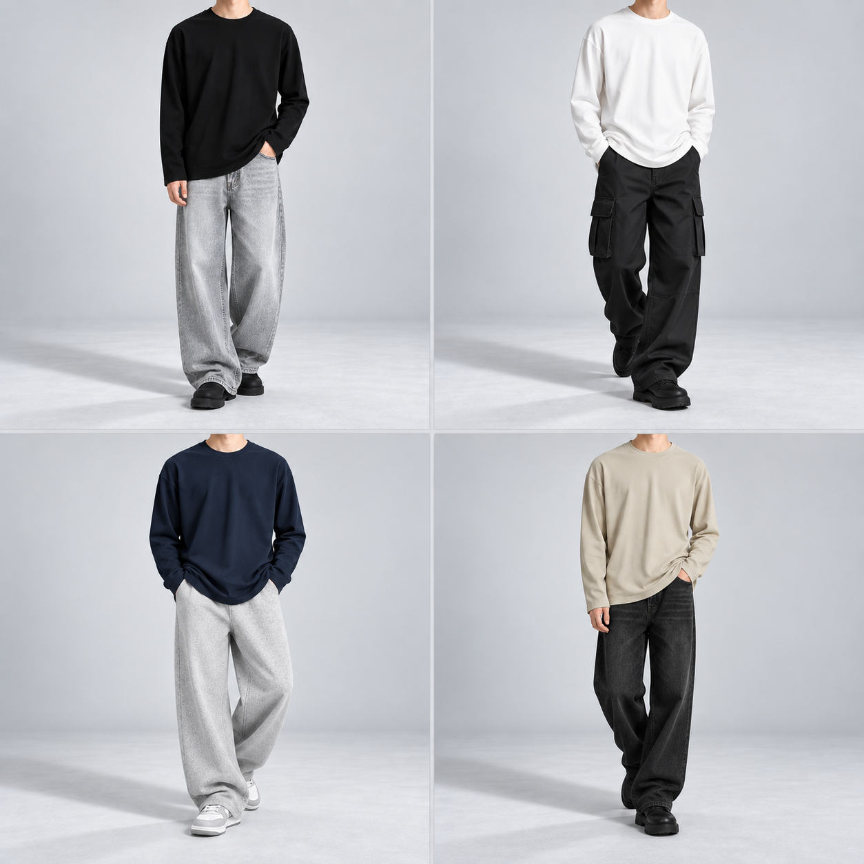 Four modern styling scenes for unisex heavyweight cotton long-sleeve T-shirts