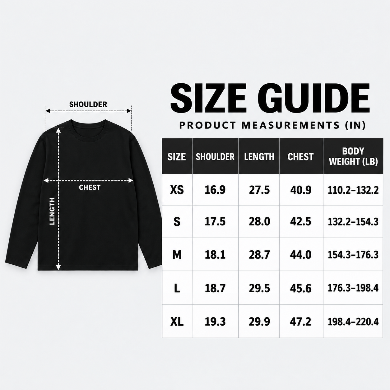 Clear heavyweight cotton long-sleeve T-shirt size guide XS through XL
