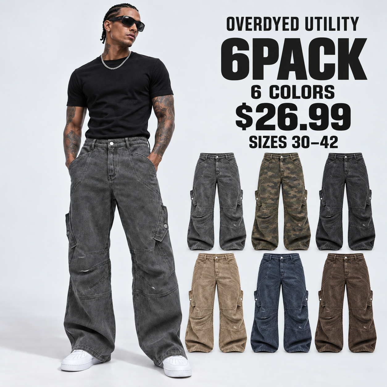 Men's Grey overdyed baggy utility cargo pants with the six-color 6PACK assortment for $26.99