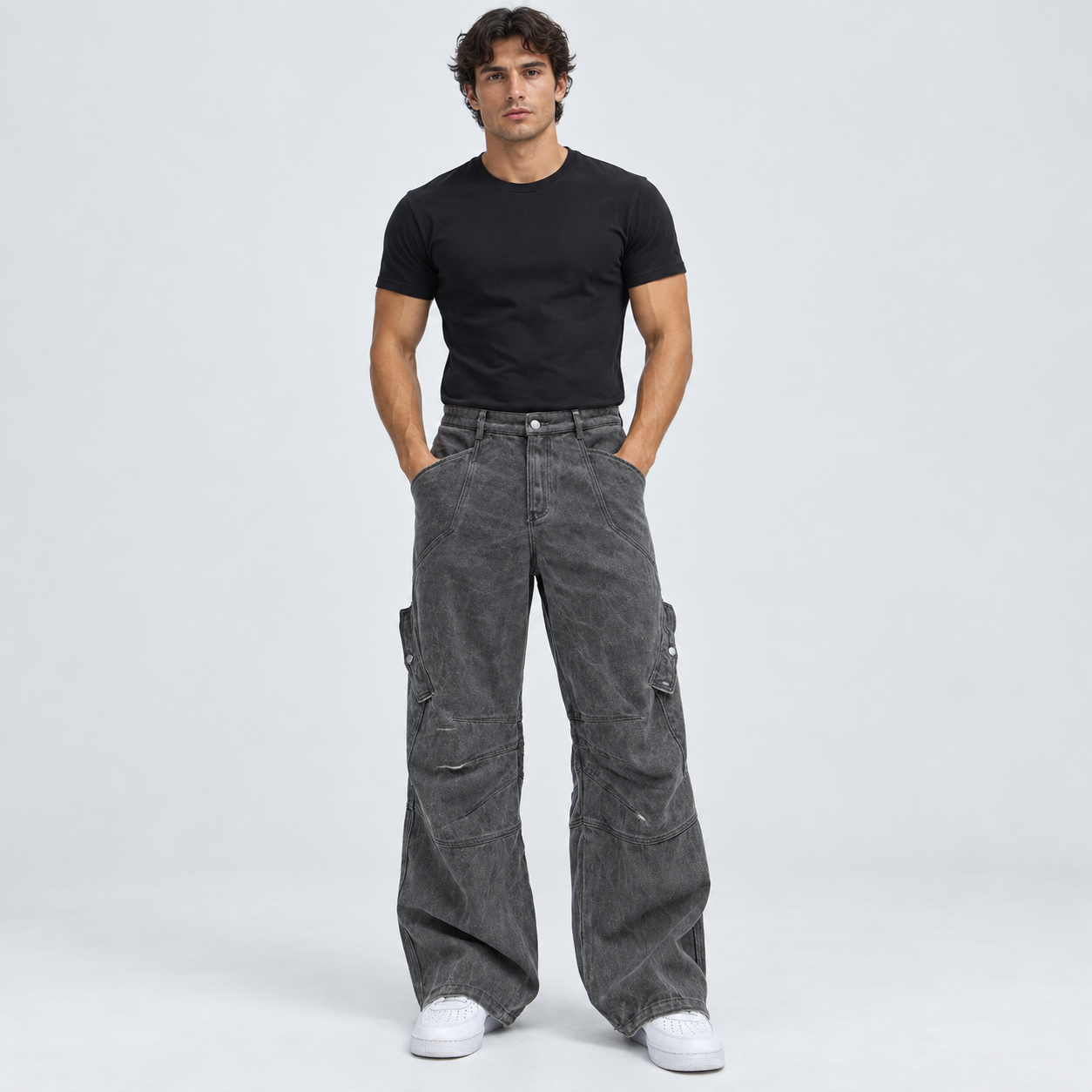 Front fit view of men's Grey overdyed baggy utility cargo pants