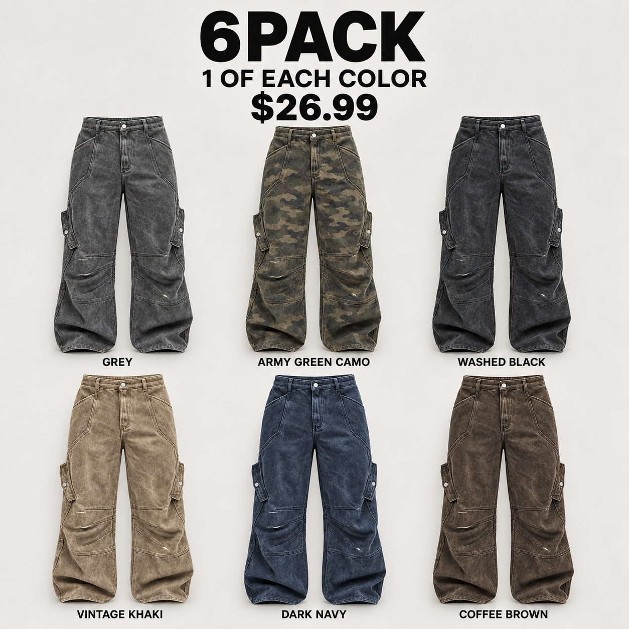 6PACK cargo pants assortment with one Grey, Army Green Camo, Washed Black, Vintage Khaki, Dark Navy and Coffee Brown pair