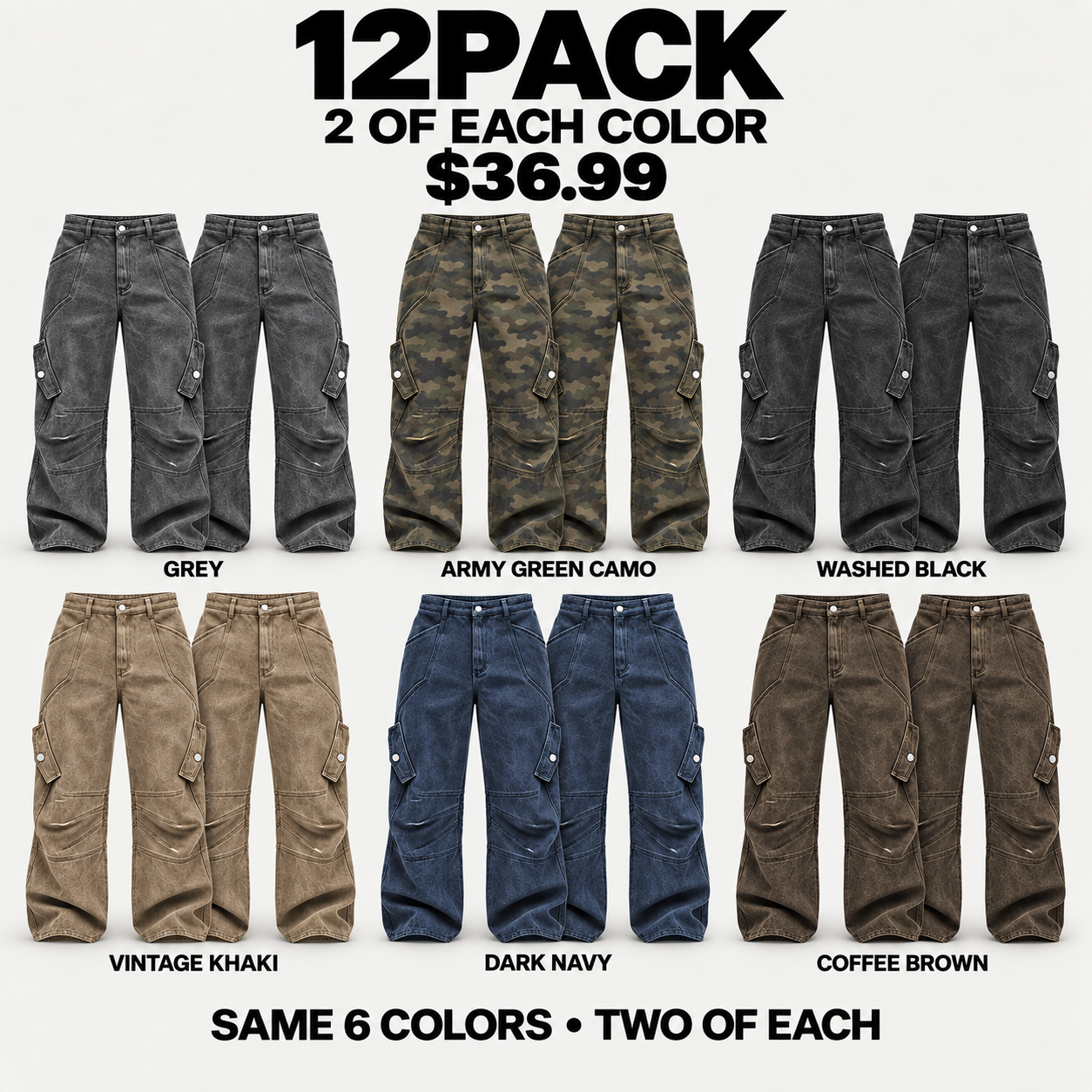 12PACK cargo pants assortment with two pairs in each of six colors