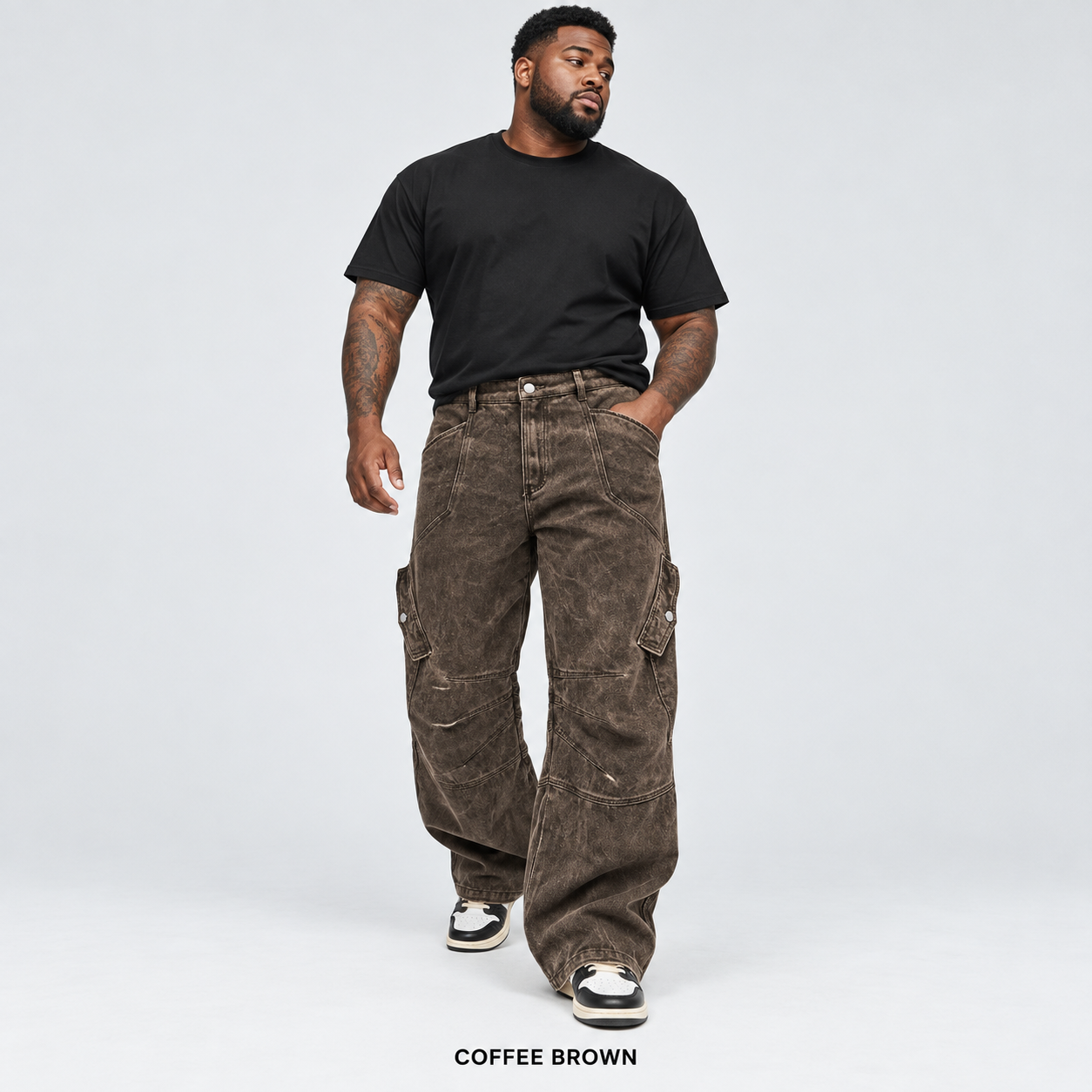 Men's Coffee Brown overdyed baggy utility cargo pants worn by an adult model