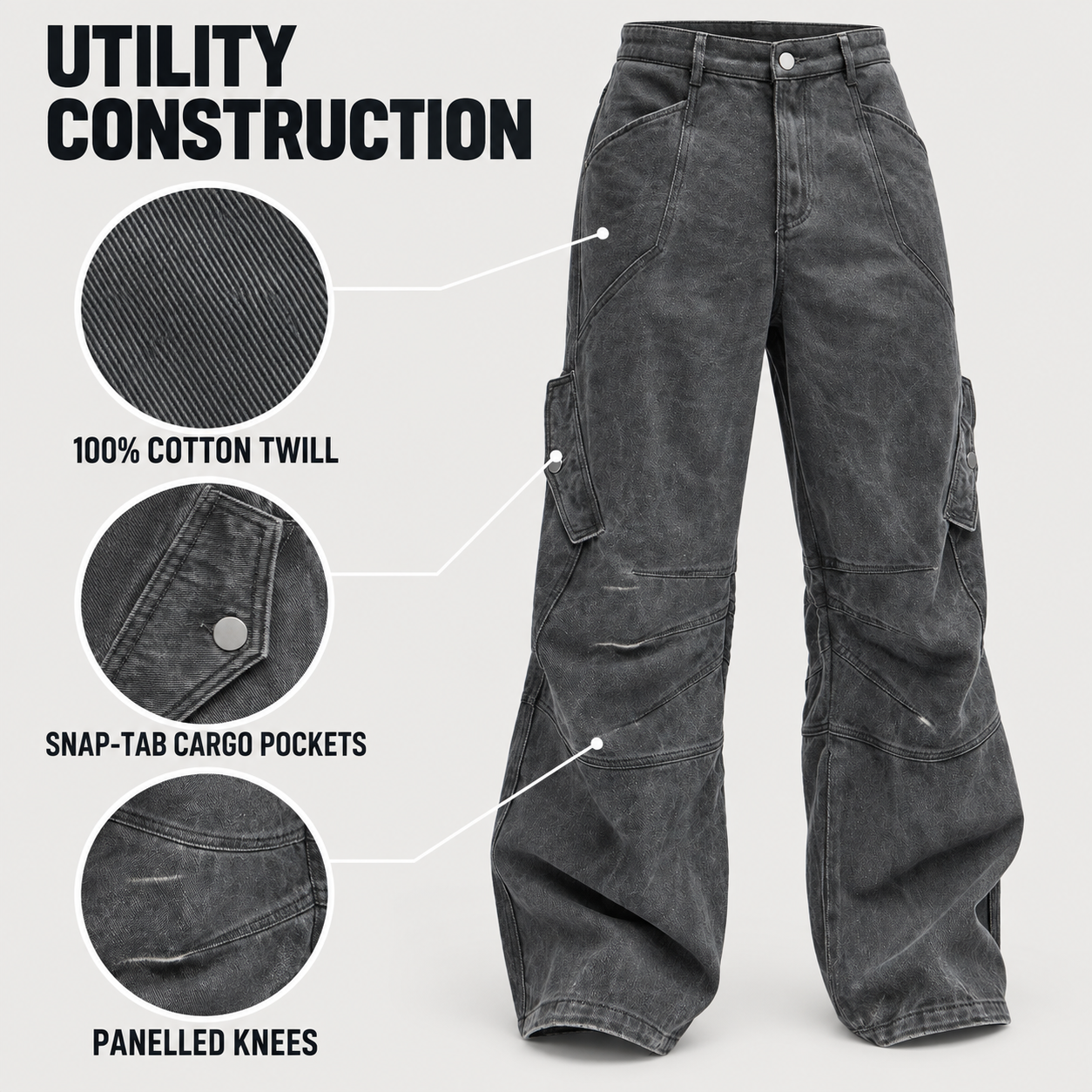 Utility construction details showing 100 percent cotton twill, snap-tab cargo pockets and panelled knees