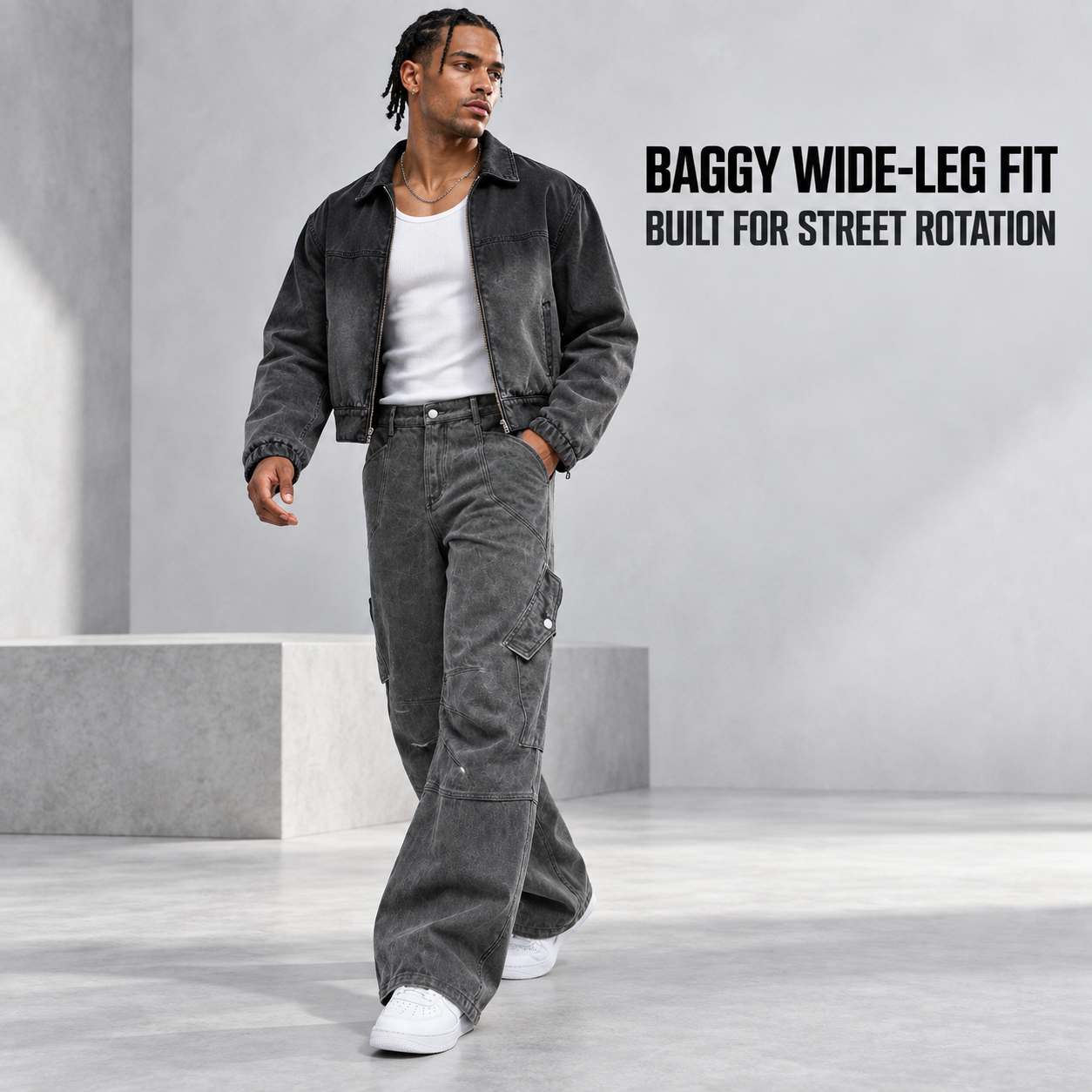 Streetwear styling view highlighting the baggy wide-leg fit