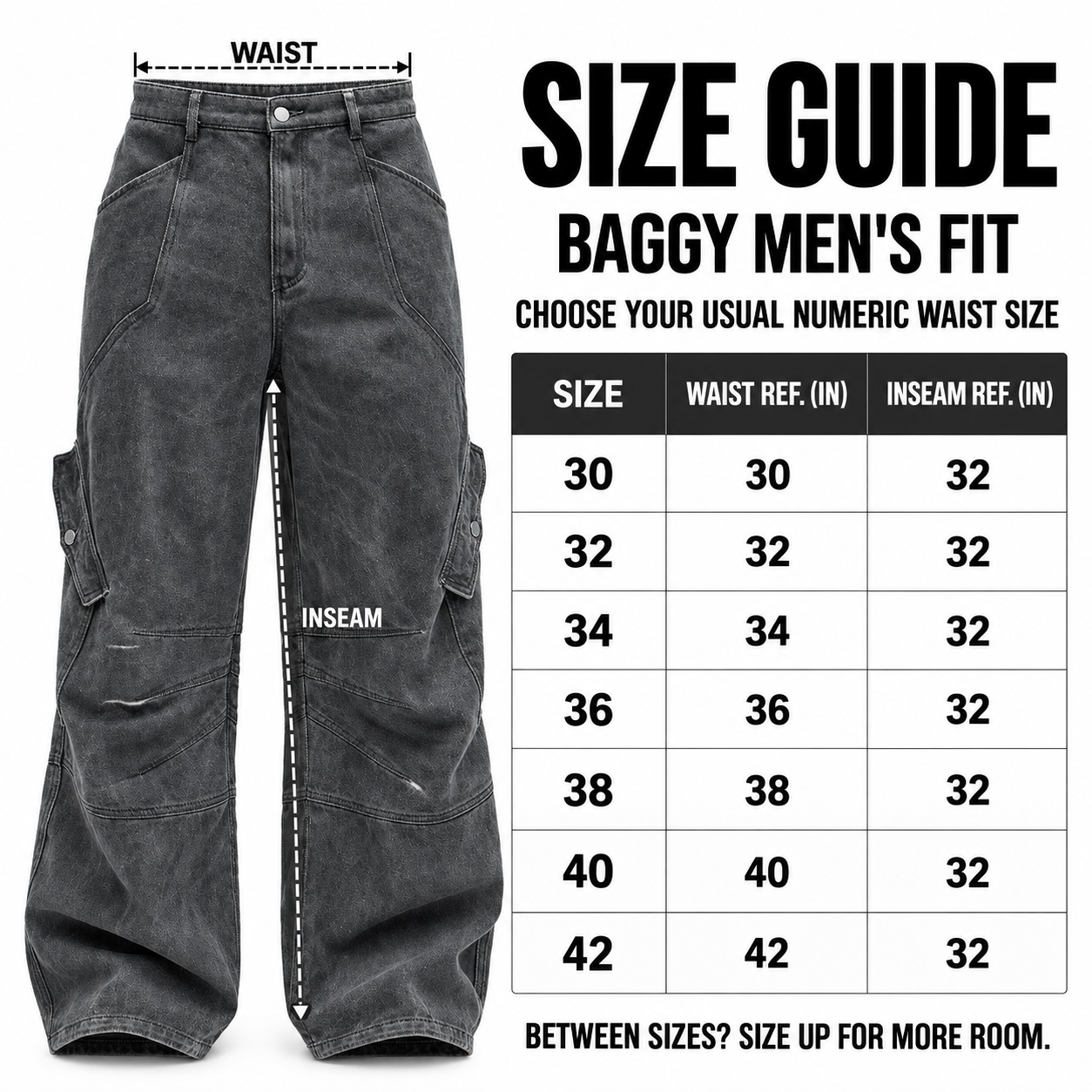 Size guide for men's baggy cargo pants in numeric sizes 30 through 42