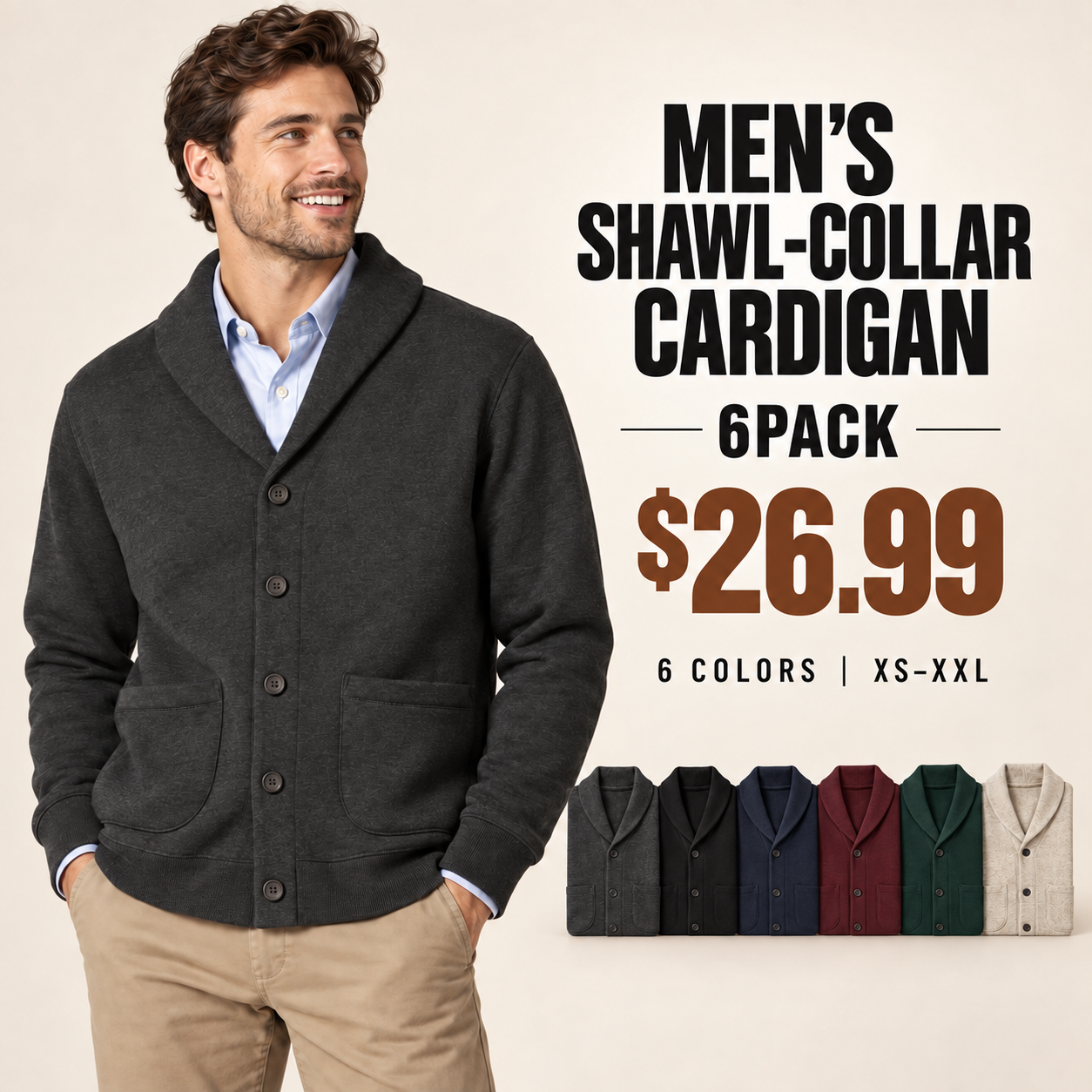 Men's Charcoal Heather brushed-fleece shawl-collar cardigan with the six-color 6PACK assortment for $26.99