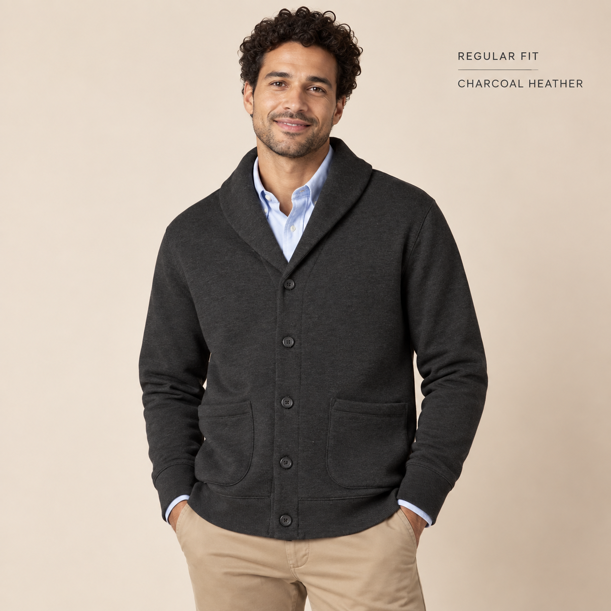 Front regular-fit view of the men's Charcoal Heather shawl-collar cardigan