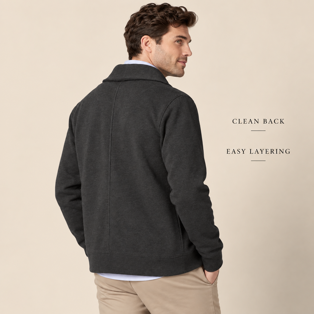 Side and back view showing the clean regular-fit cardigan silhouette