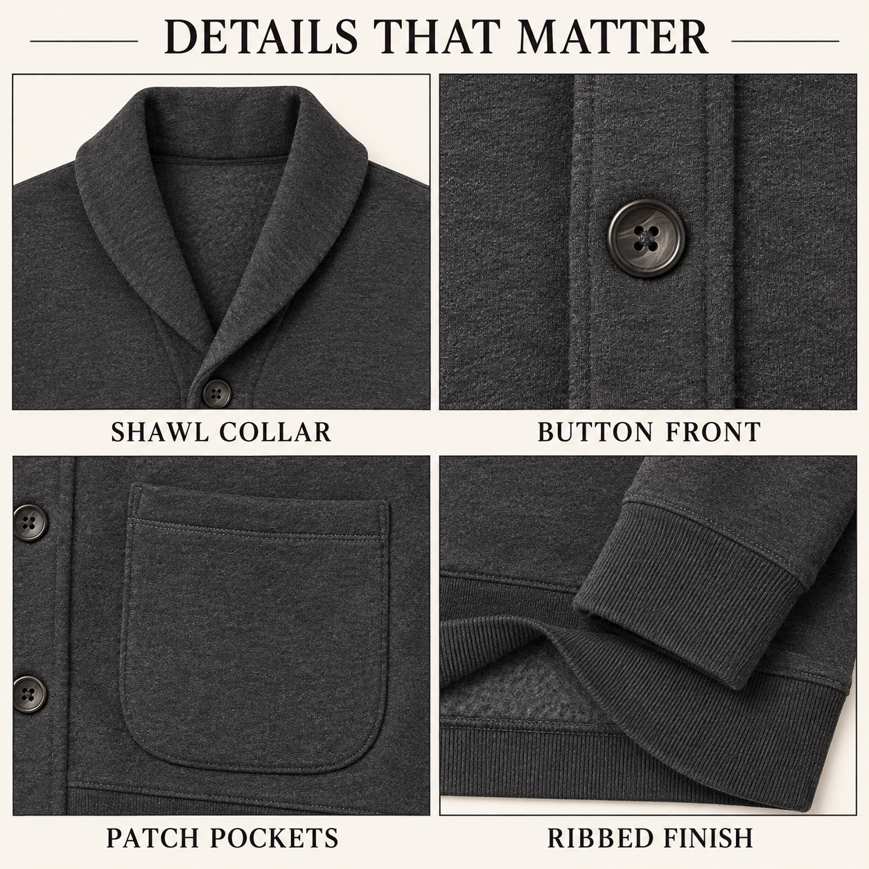 Close-up of the shawl collar, button front, patch pockets and ribbed finishes