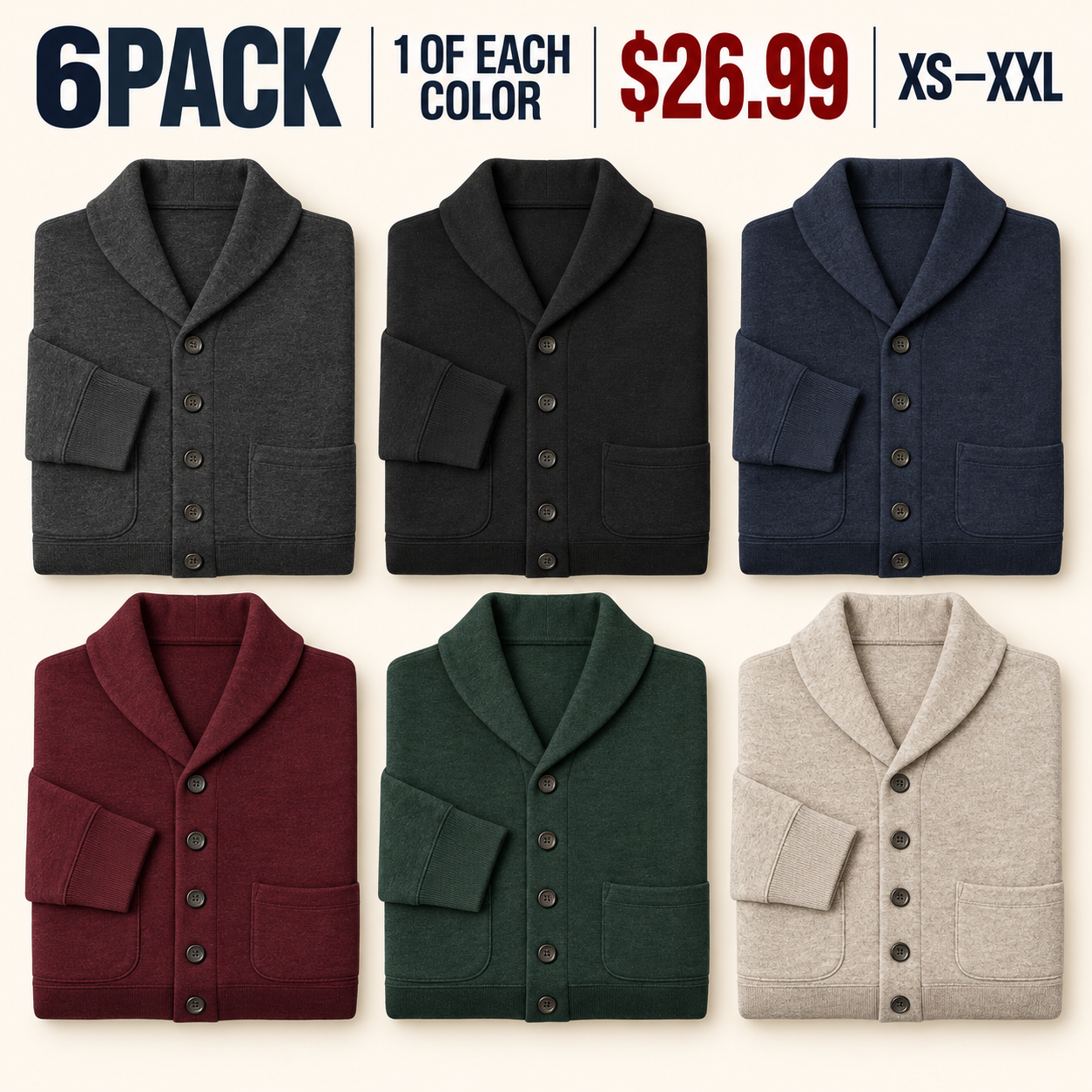 Product-only 6PACK with one cardigan in each of six colors