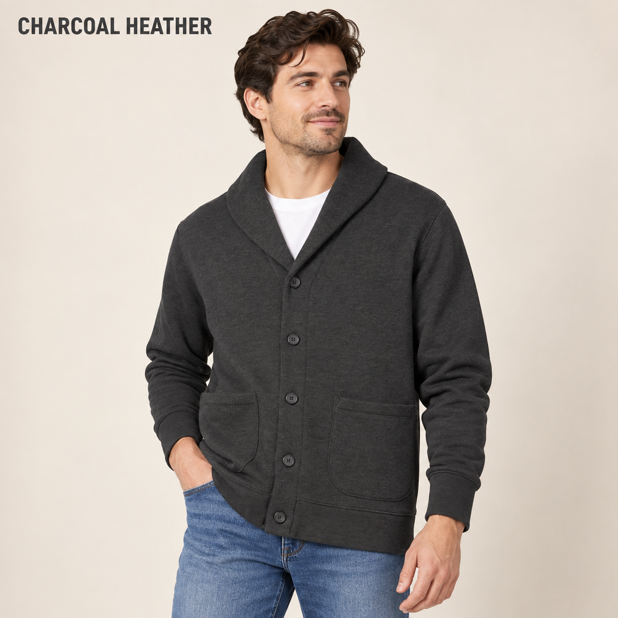 Men's Charcoal Heather shawl-collar cardigan worn by an adult model