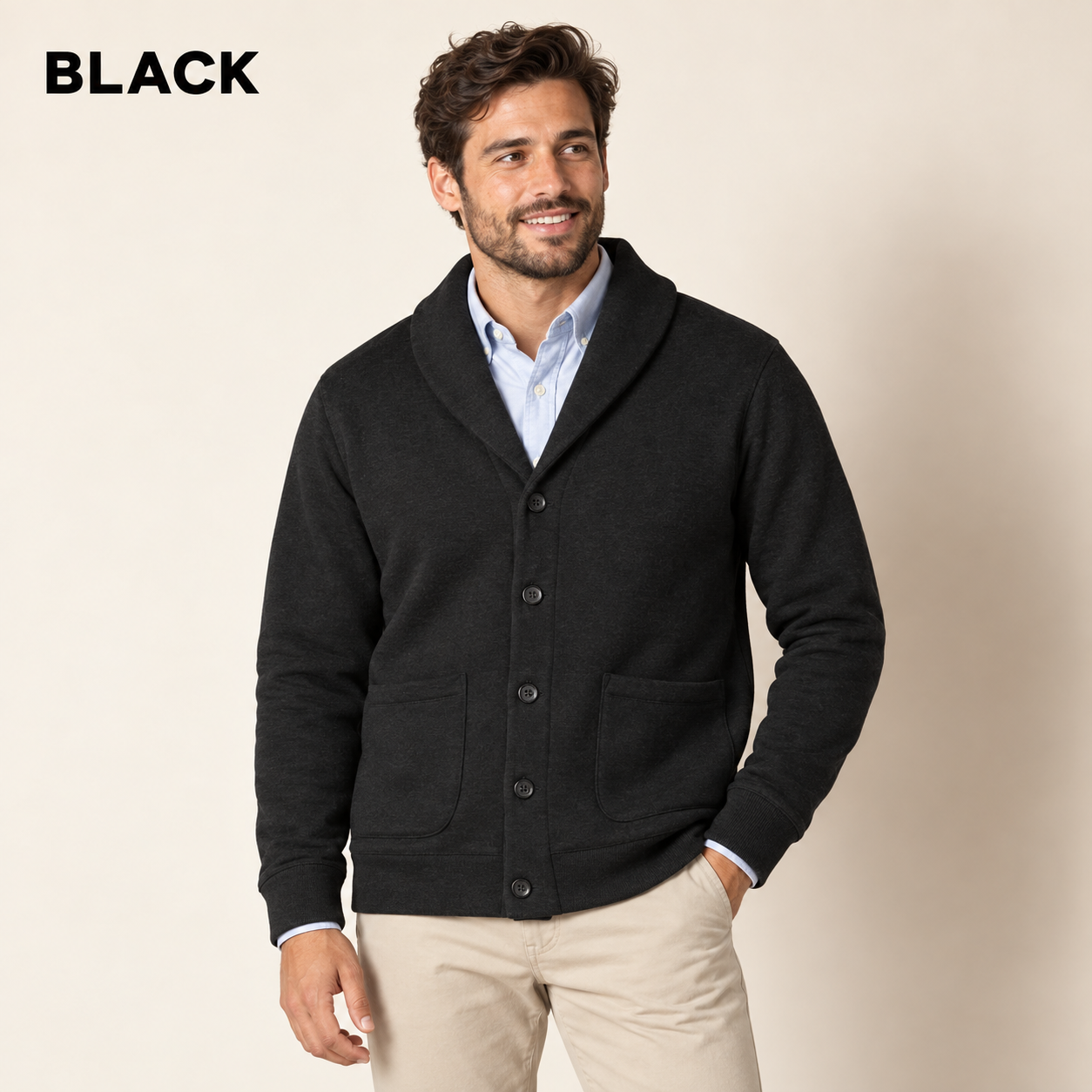Men's Black shawl-collar cardigan worn by an adult model