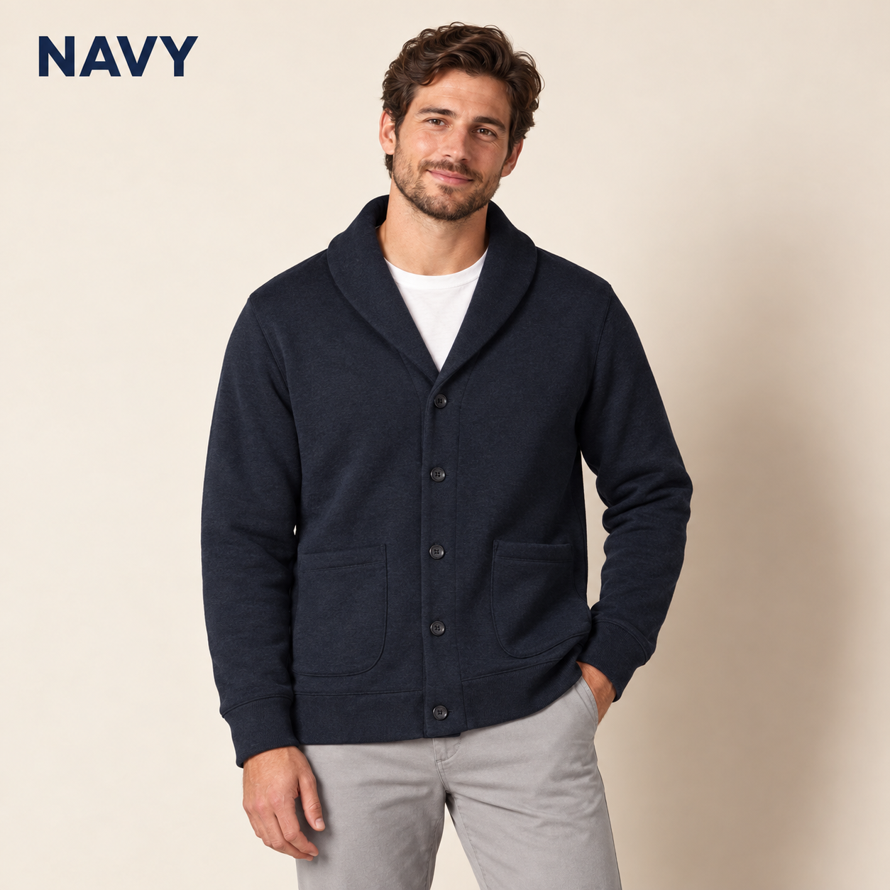 Men's Navy shawl-collar cardigan worn by an adult model